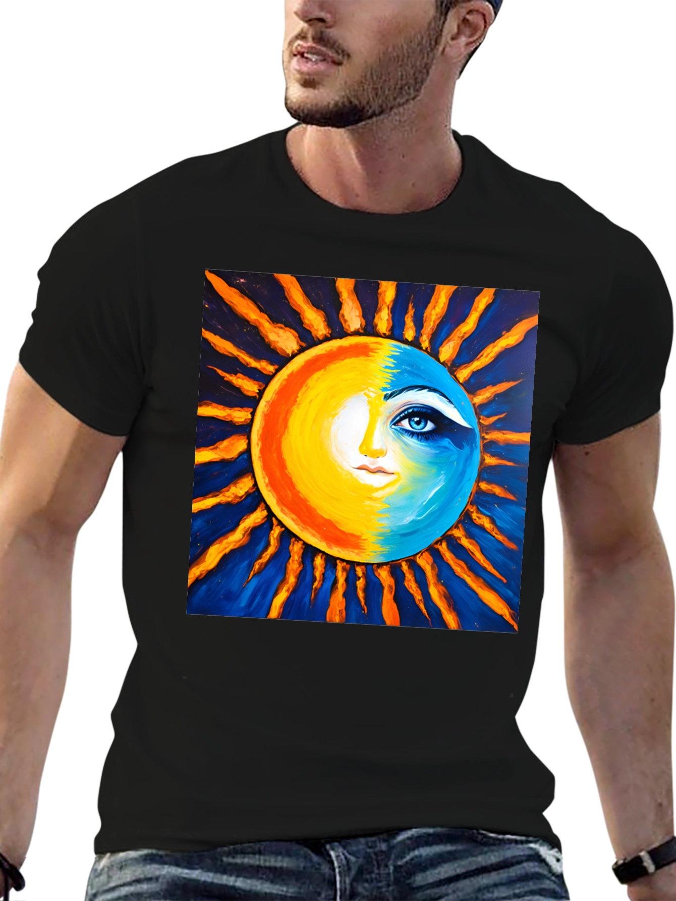 Sun and Moon Face Graphic Tee - Black
