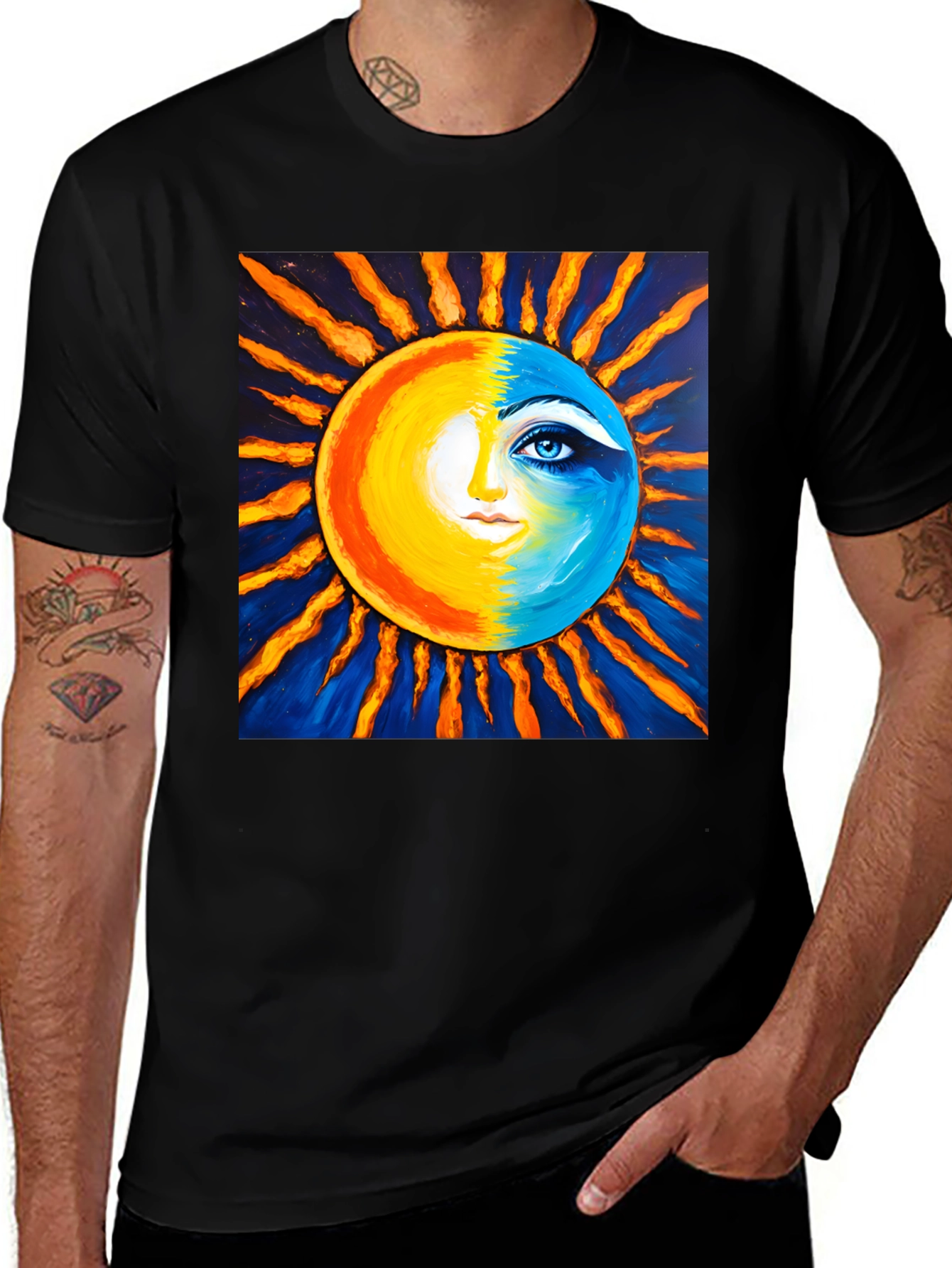Sun and Moon Face Graphic Tee - Black