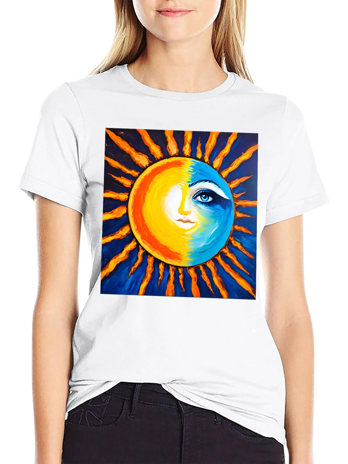 Sun and Moon Face Graphic Tee - Black