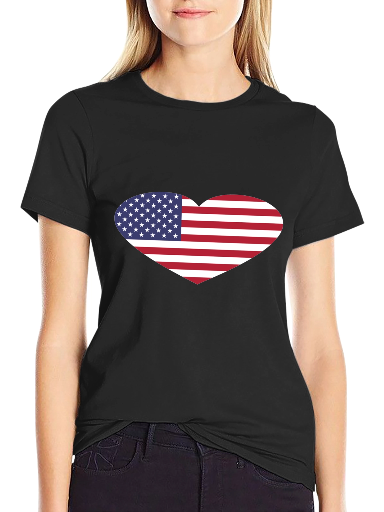 Patriotic USA Flag Heart Black T-Shirt