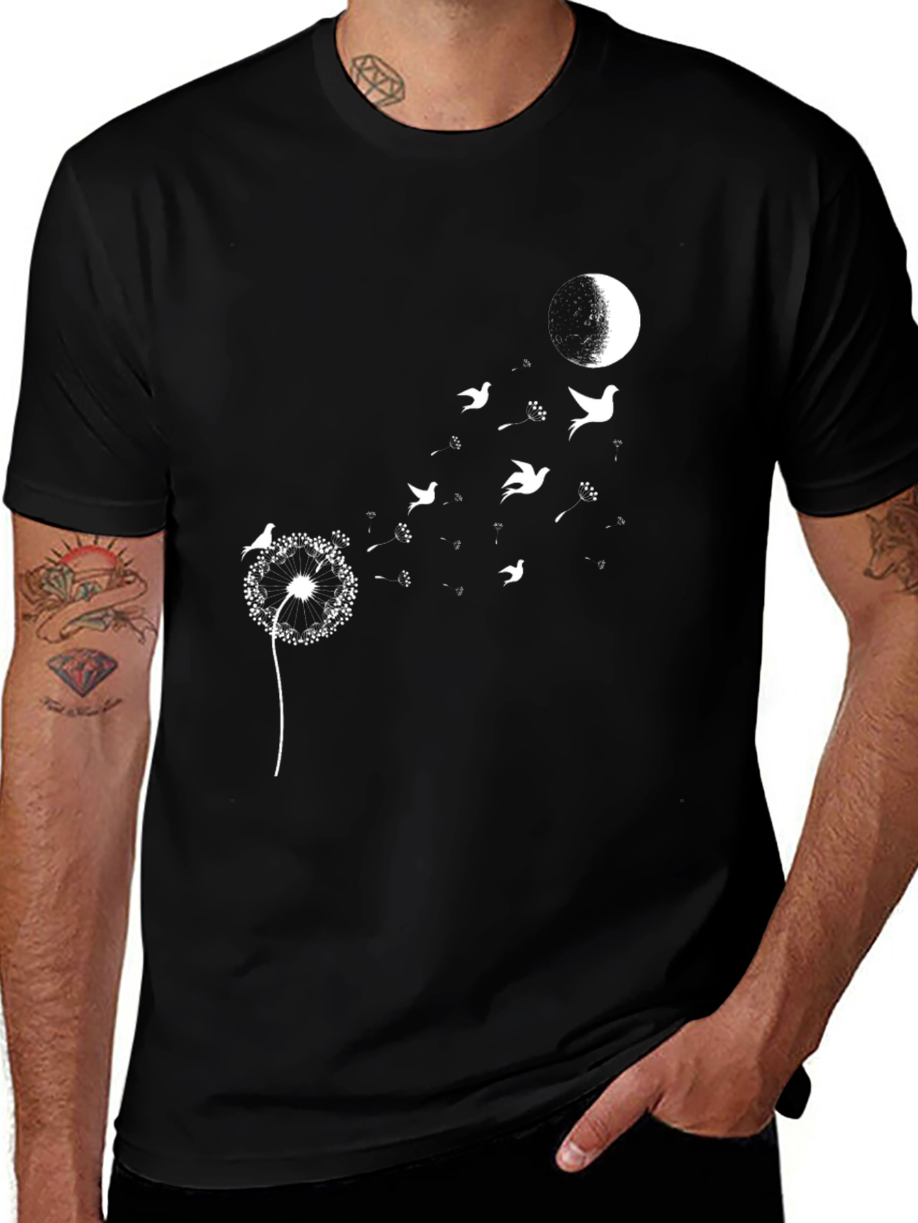 Dandelion Birds Moon Graphic Tee - Black
