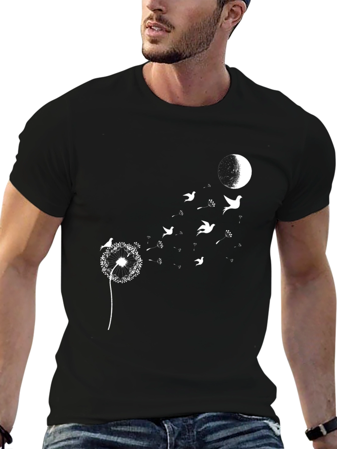 Dandelion Birds Moon Graphic Tee - Black