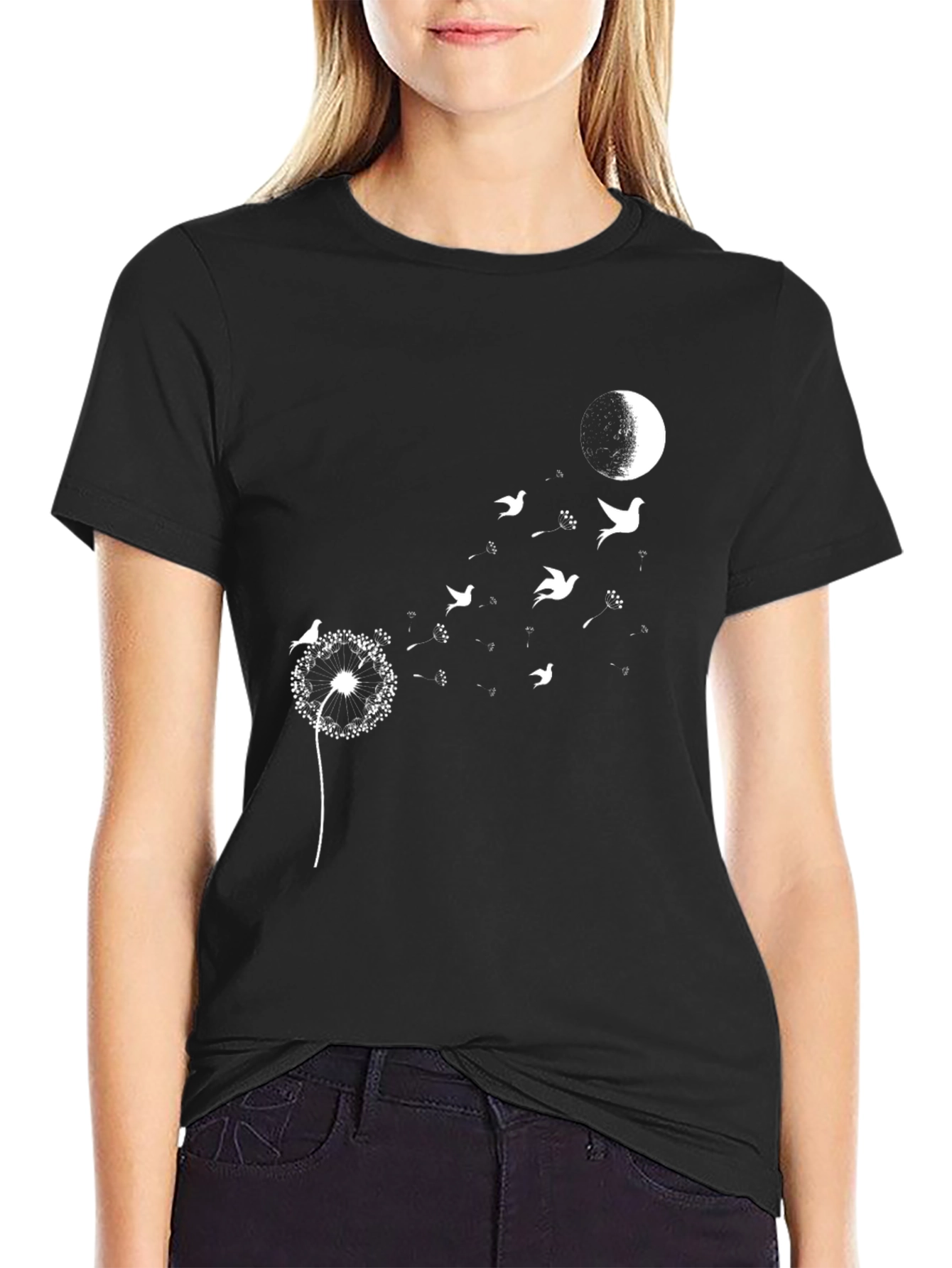Dandelion Birds Moon Graphic Tee - Black