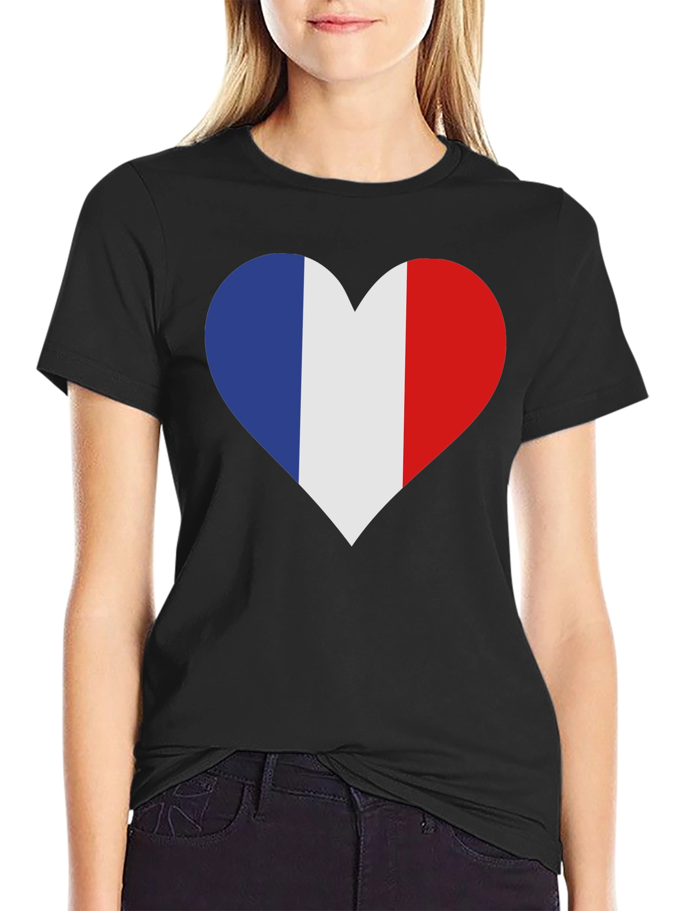 France Flag Heart T-Shirt - Black Cotton Tee