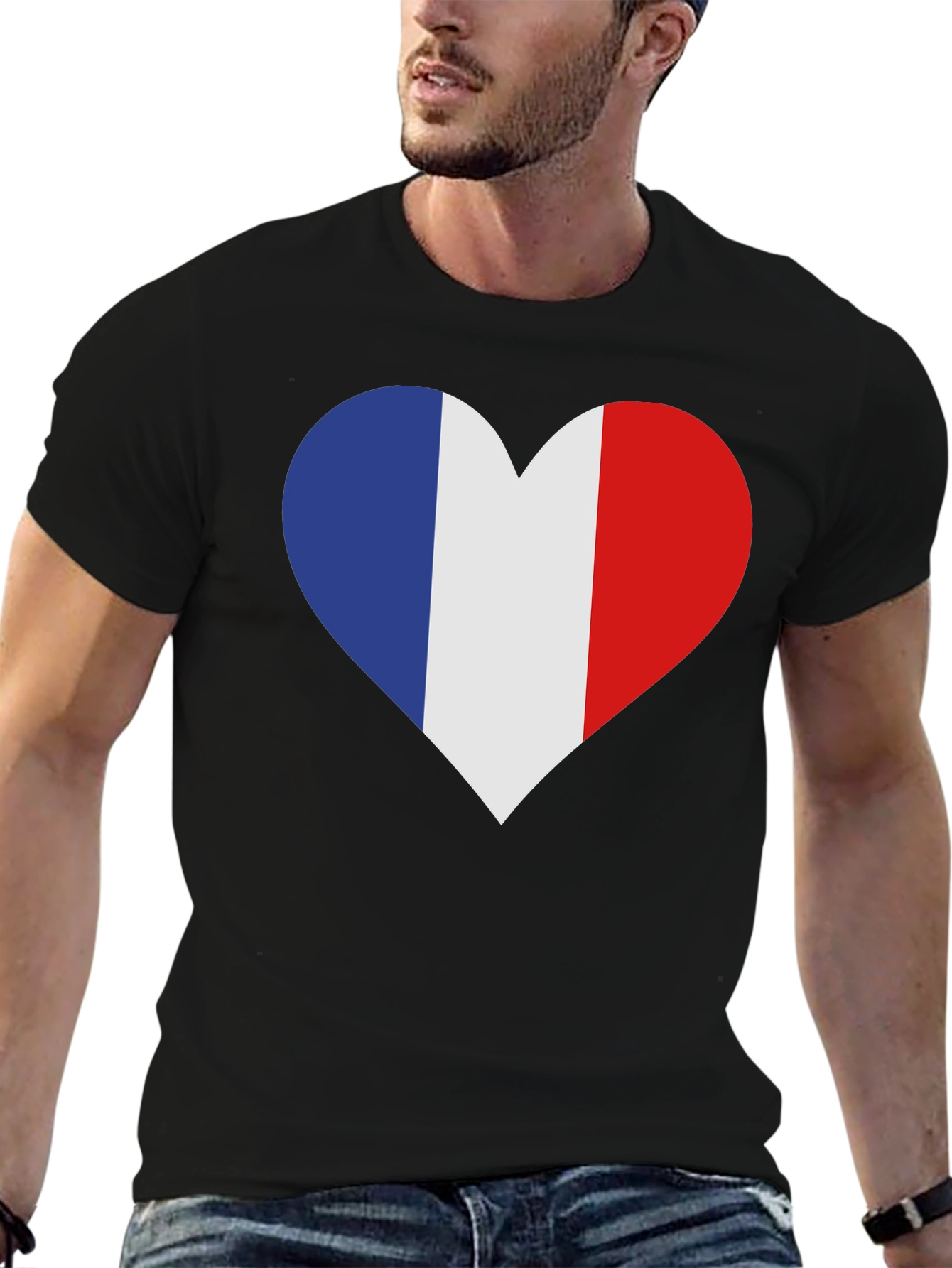 France Flag Heart T-Shirt - Black Cotton Tee