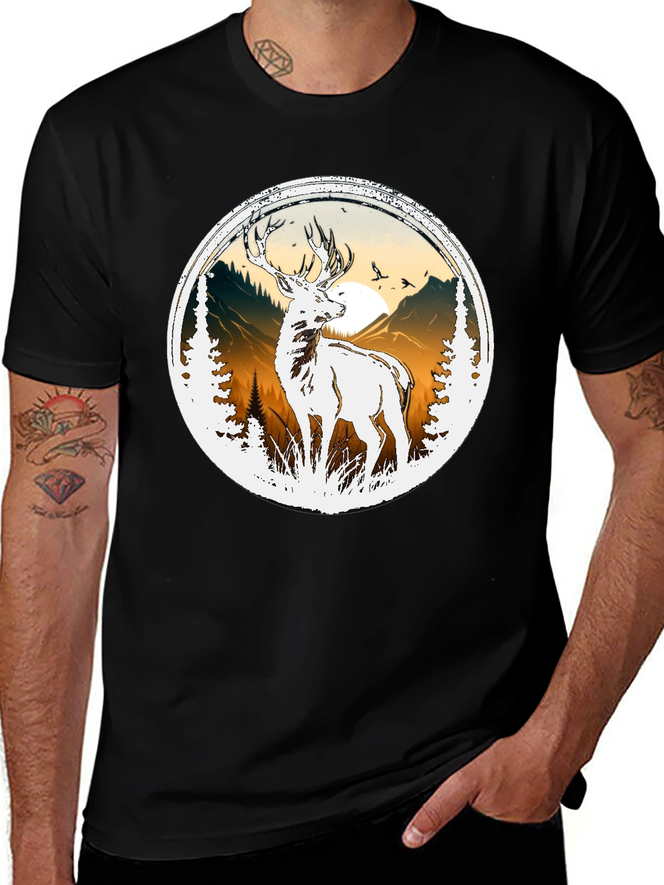 Deer Nature Graphic Tee - Mens Black T-Shirt