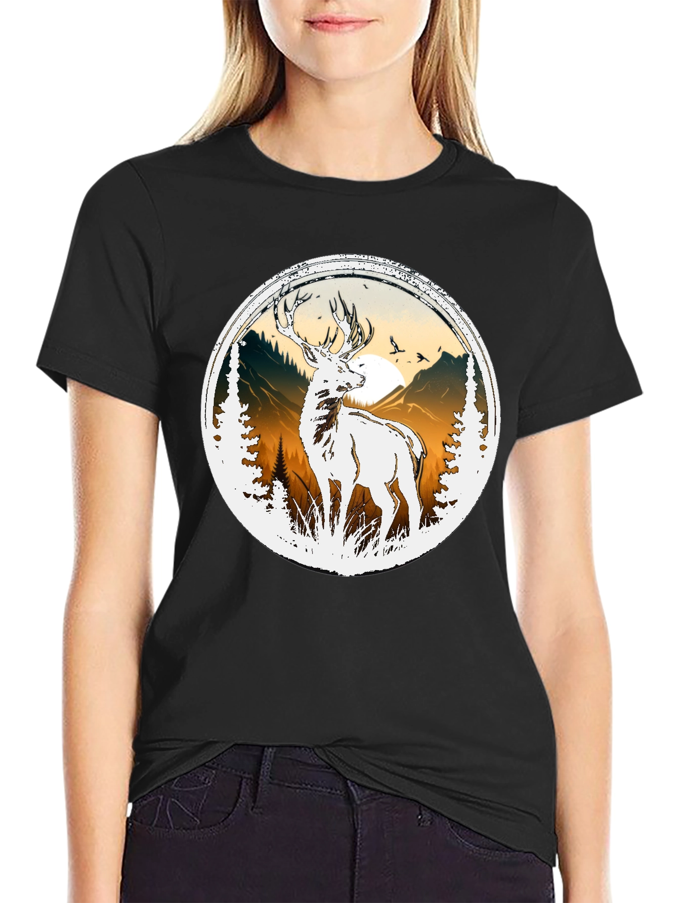 Deer Nature Graphic Tee - Mens Black T-Shirt