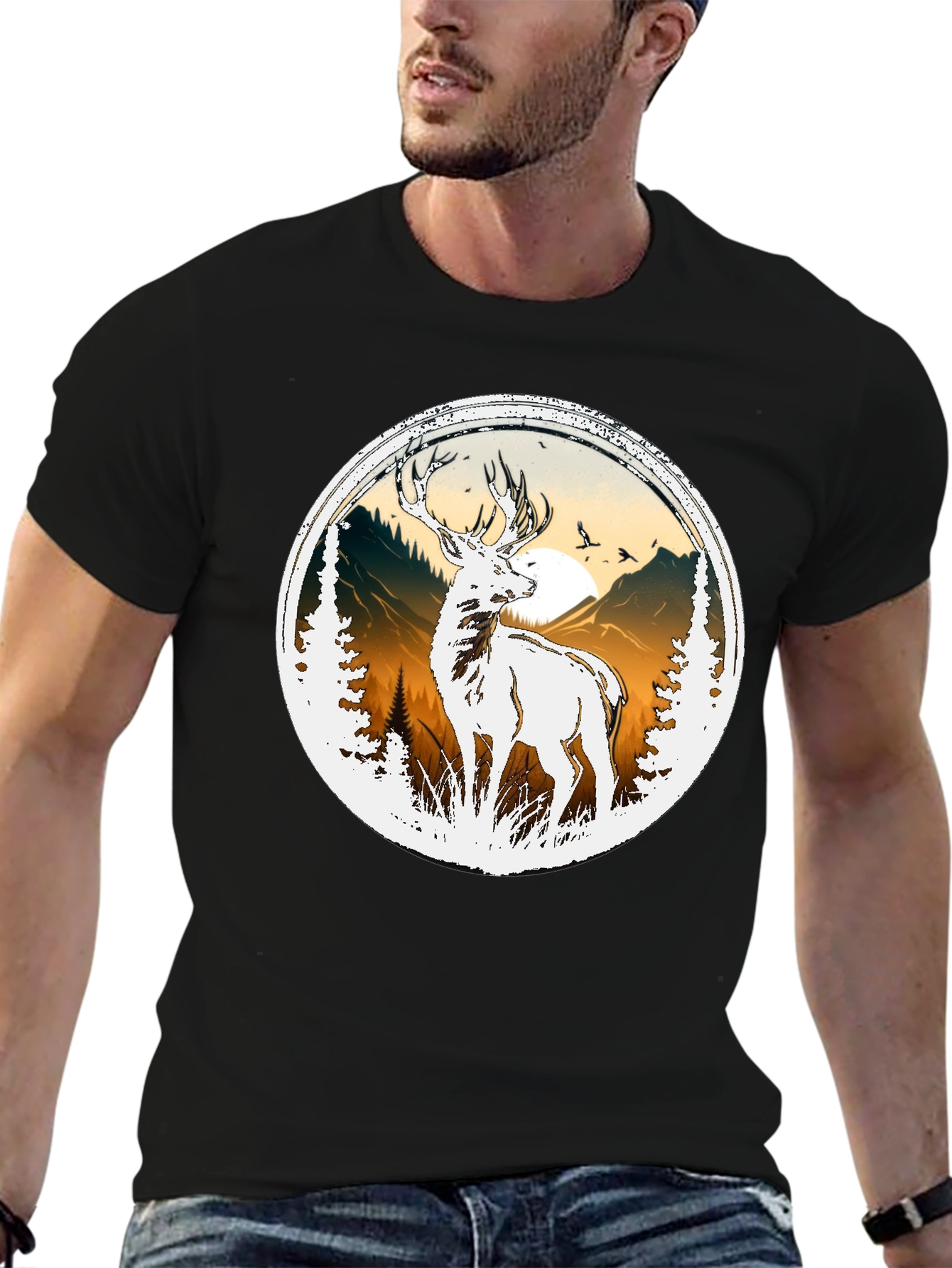 Deer Nature Graphic Tee - Mens Black T-Shirt