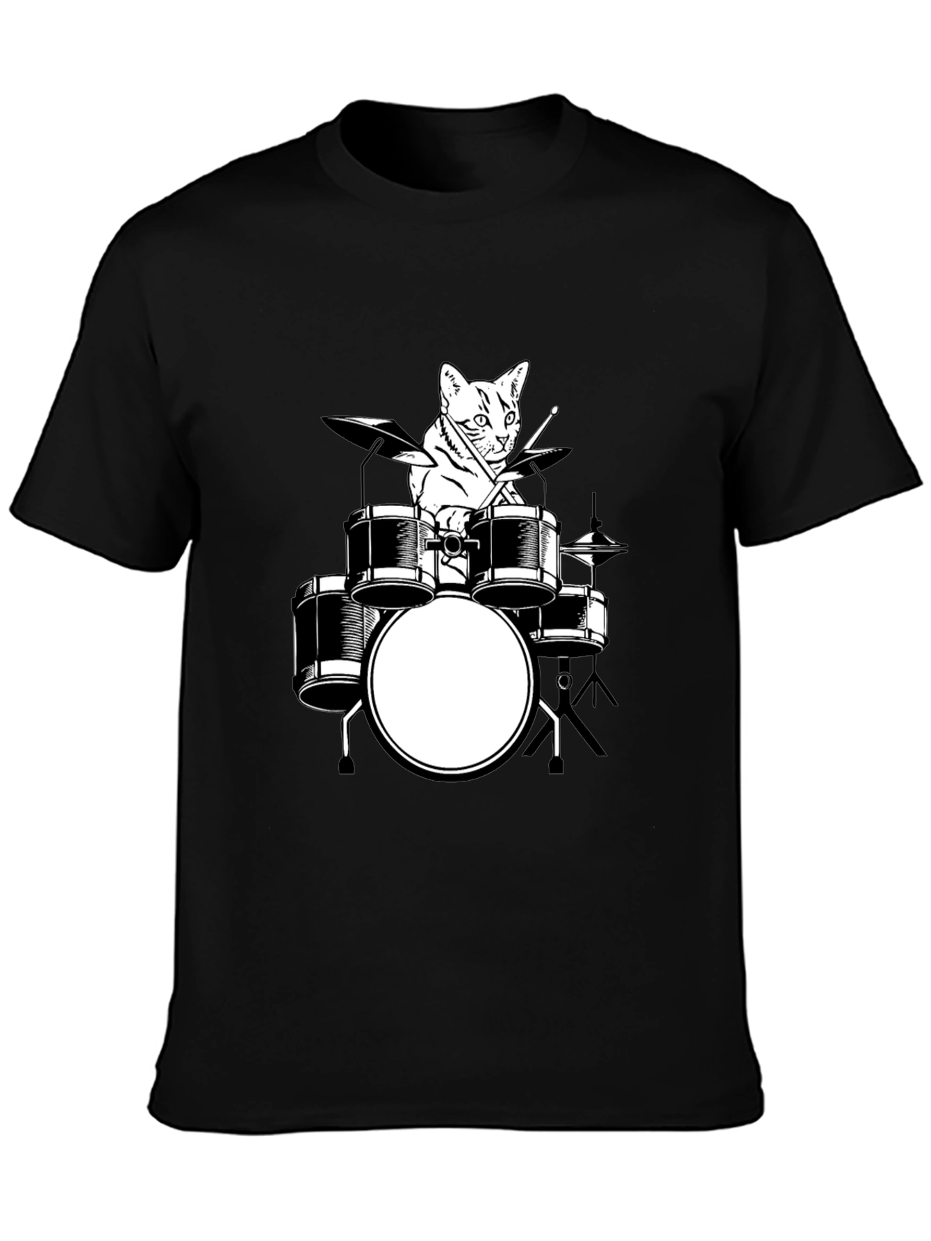 Cat Drummer Graphic T-Shirt - Black Cotton Tee