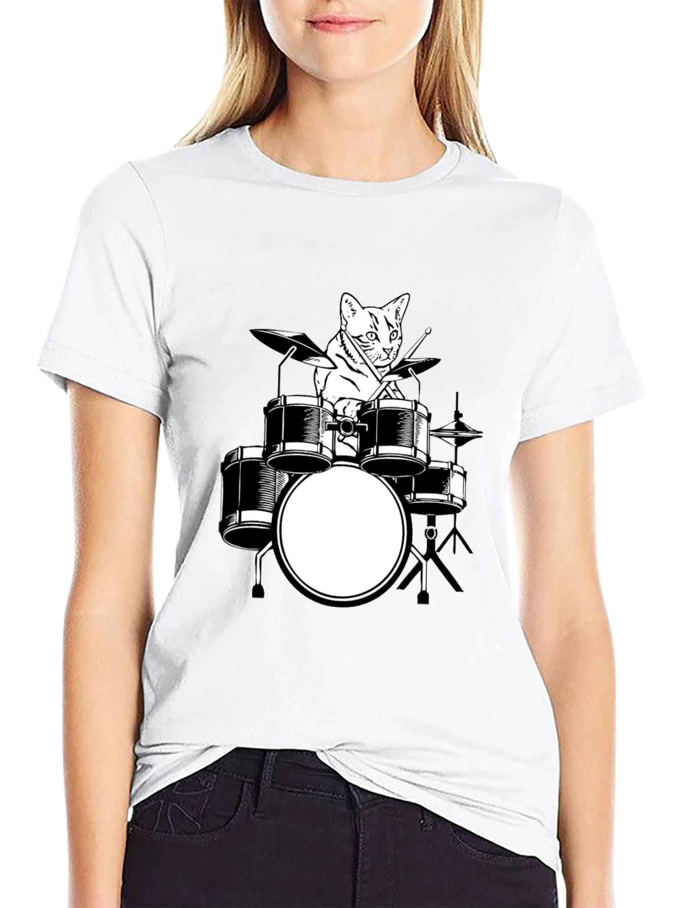 Cat Drummer Graphic T-Shirt - Black Cotton Tee