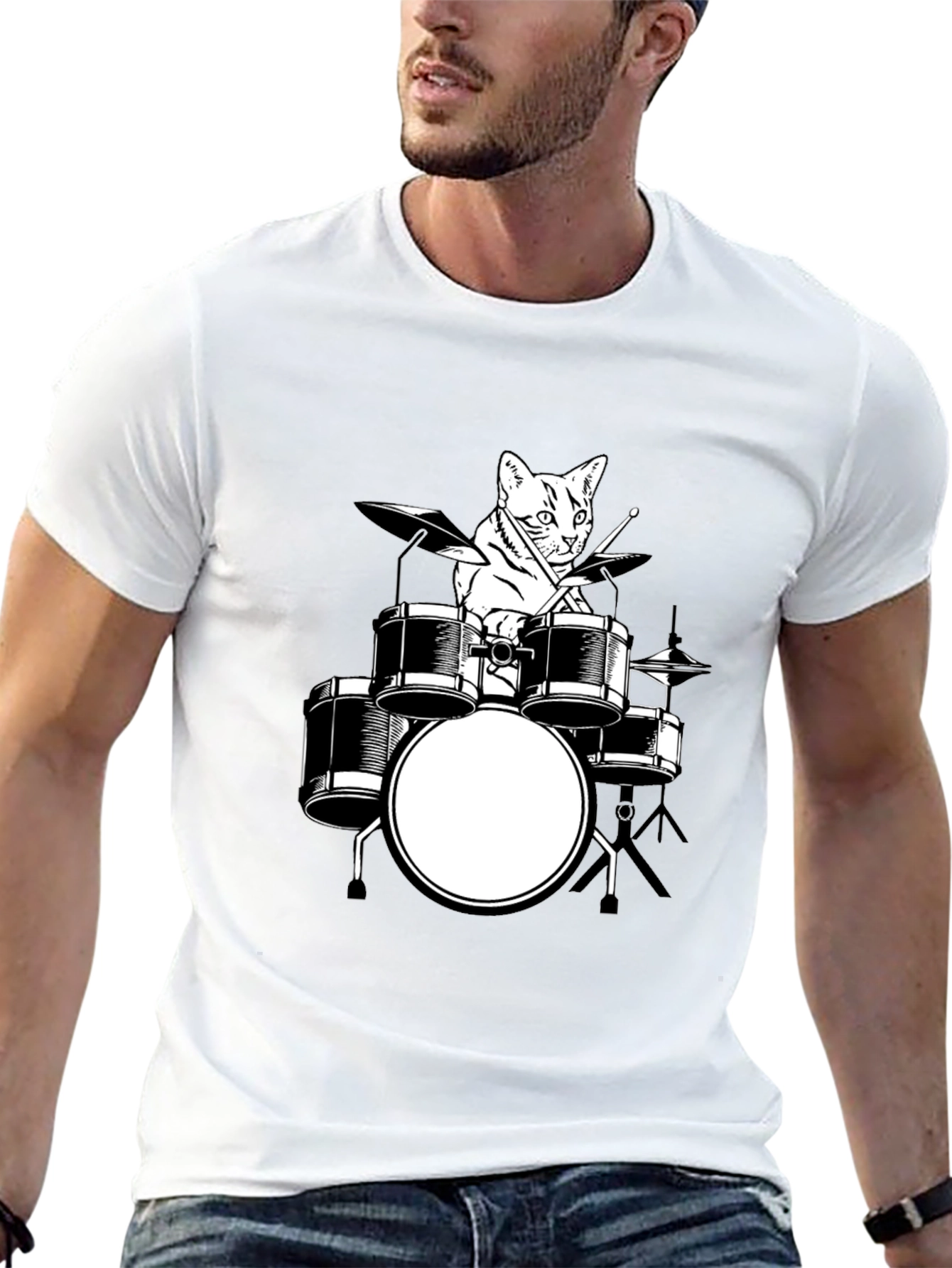 Cat Drummer Graphic T-Shirt - Black Cotton Tee