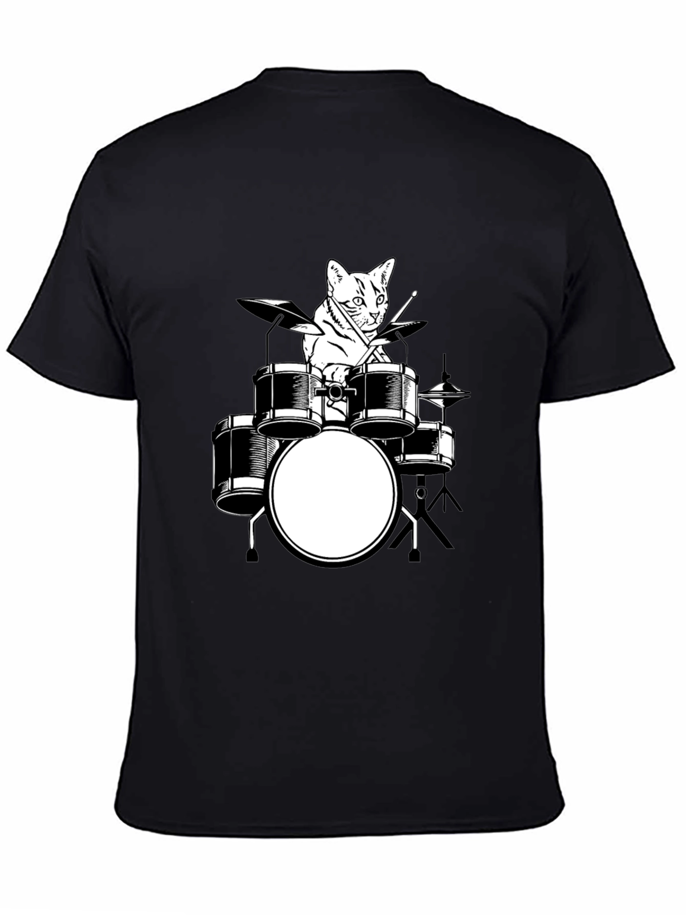Cat Drummer Graphic T-Shirt - Black Cotton Tee