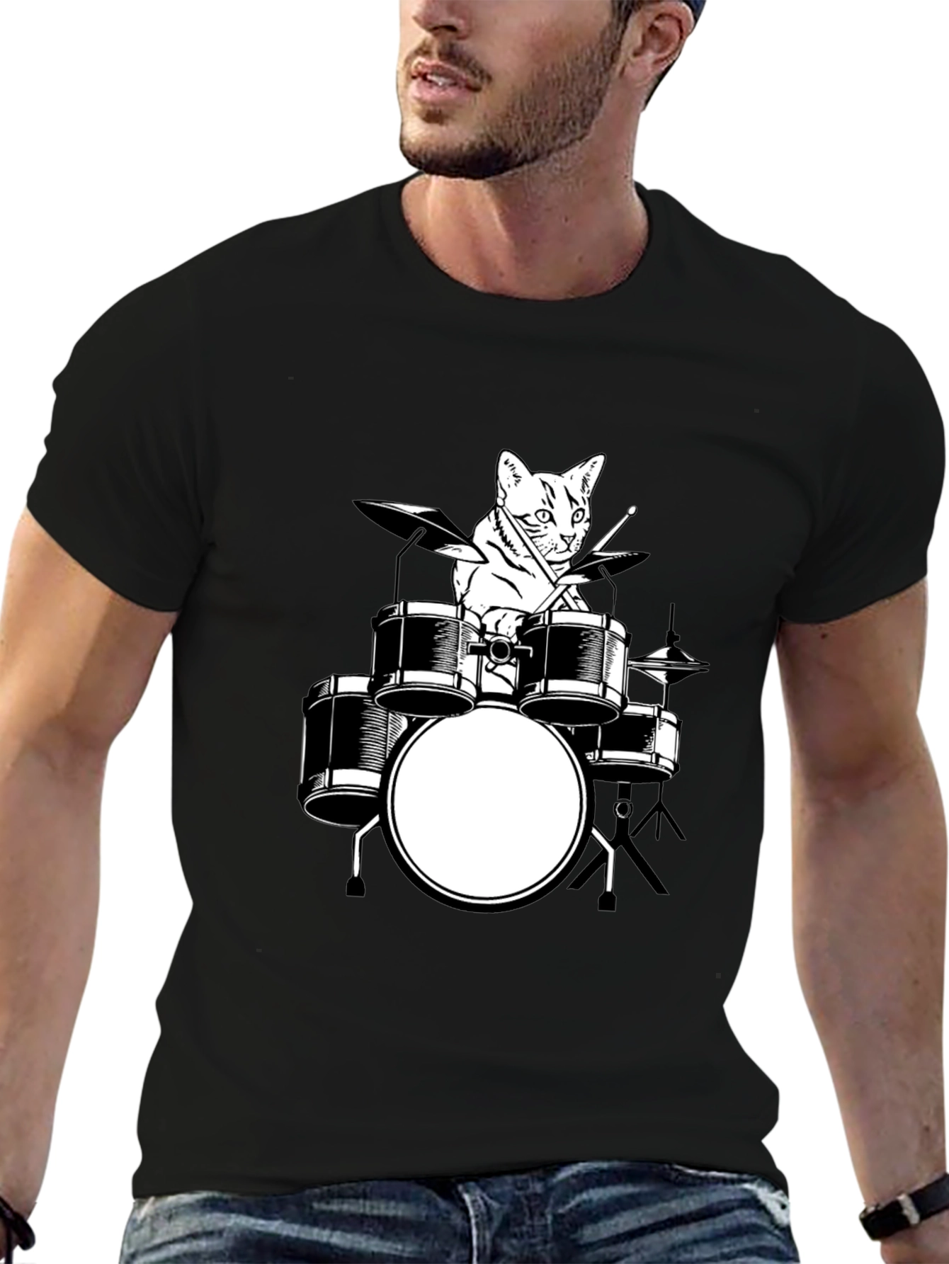 Cat Drummer Graphic T-Shirt - Black Cotton Tee