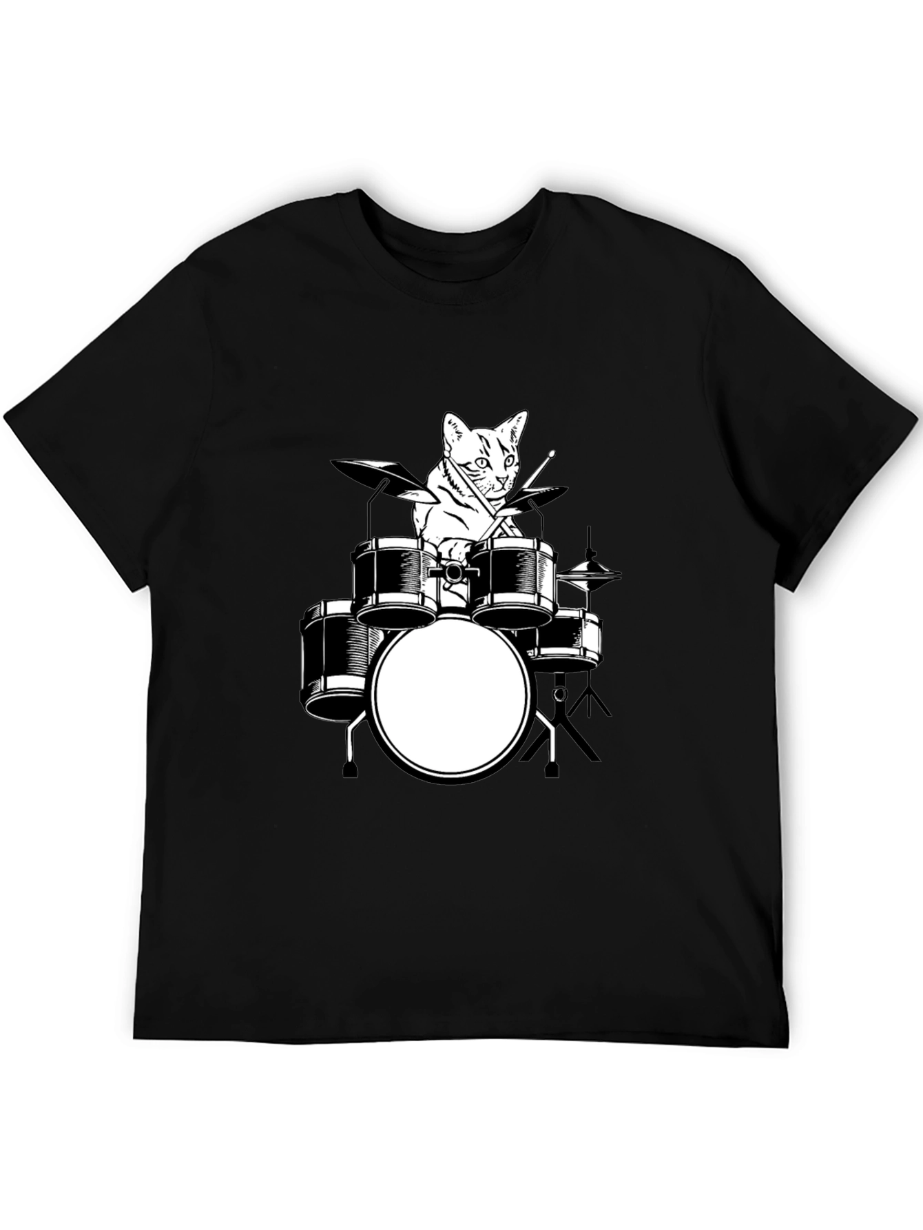 Cat Drummer Graphic T-Shirt - Black Cotton Tee