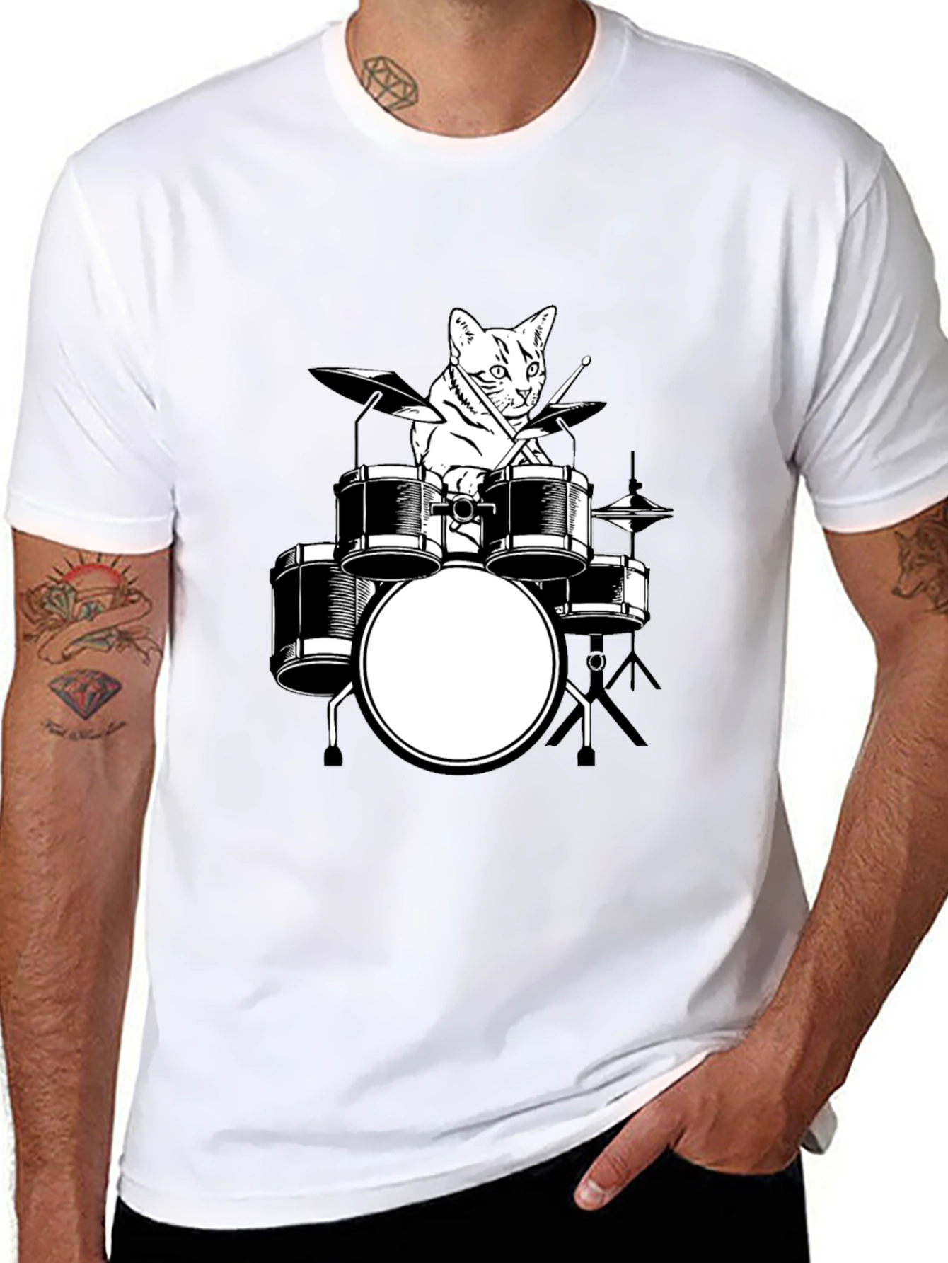 Cat Drummer Graphic T-Shirt - Black Cotton Tee