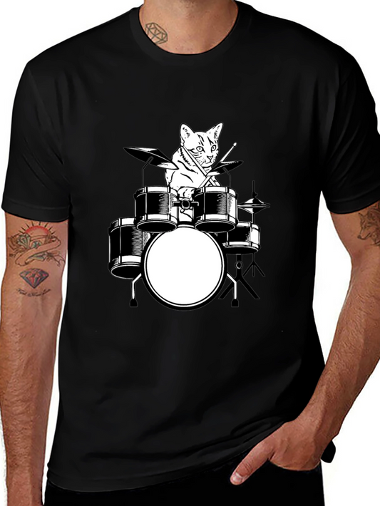 Cat Drummer Graphic T-Shirt - Black Cotton Tee