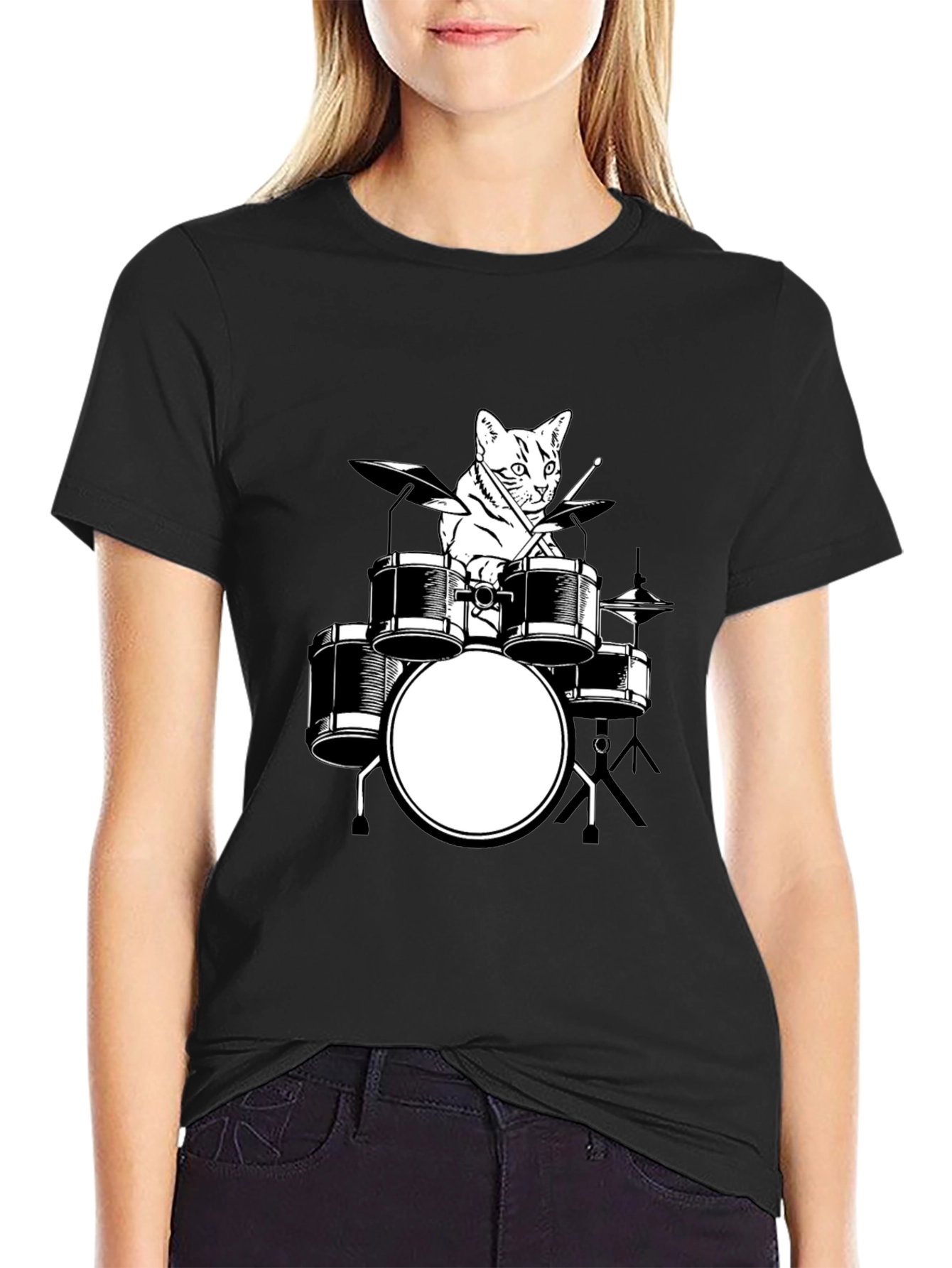 Cat Drummer Graphic T-Shirt - Black Cotton Tee