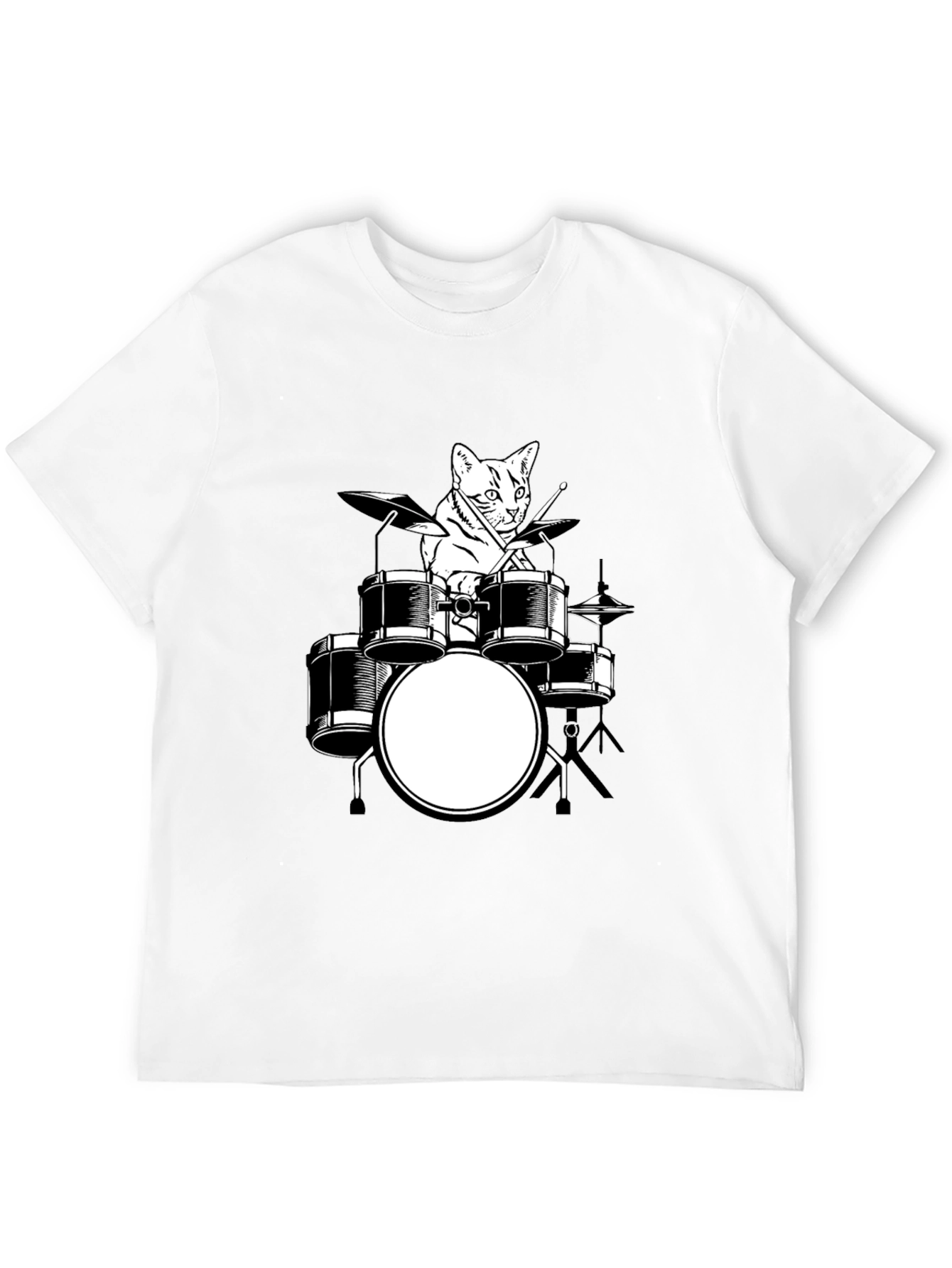 Cat Drummer Graphic T-Shirt - Black Cotton Tee