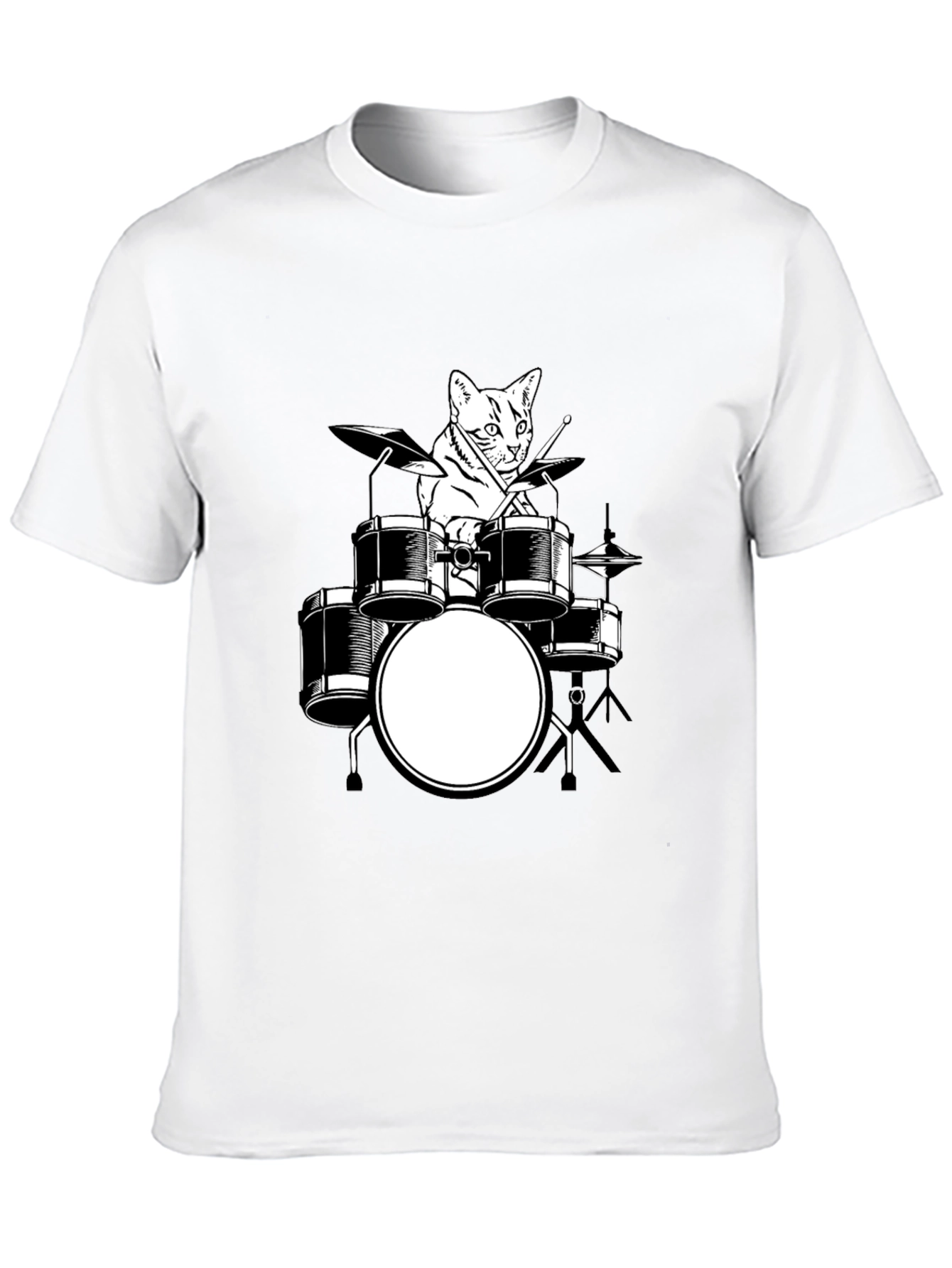 Cat Drummer Graphic T-Shirt - Black Cotton Tee