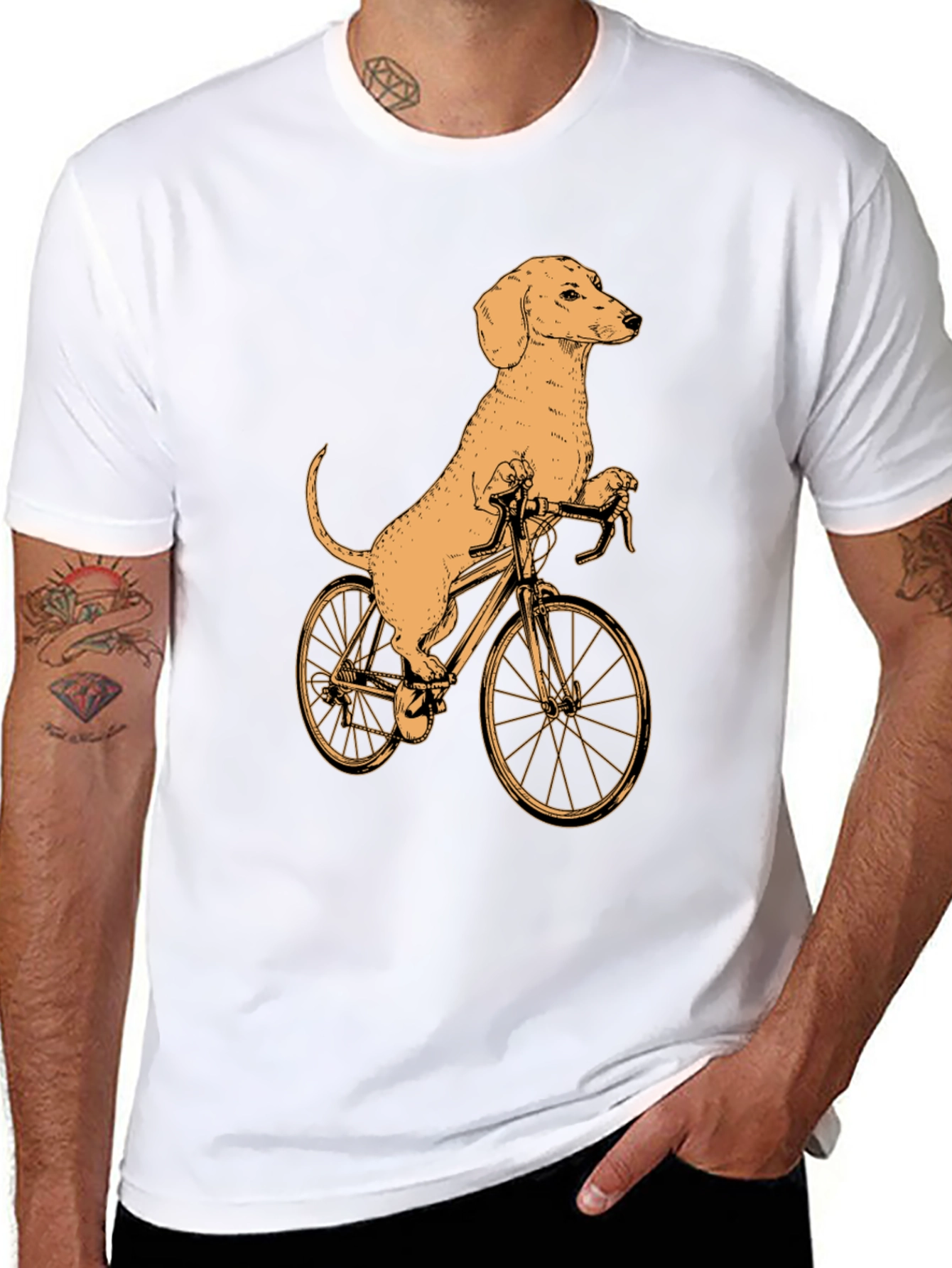 Dachshund on Bike T-Shirt - Black Cotton Tee