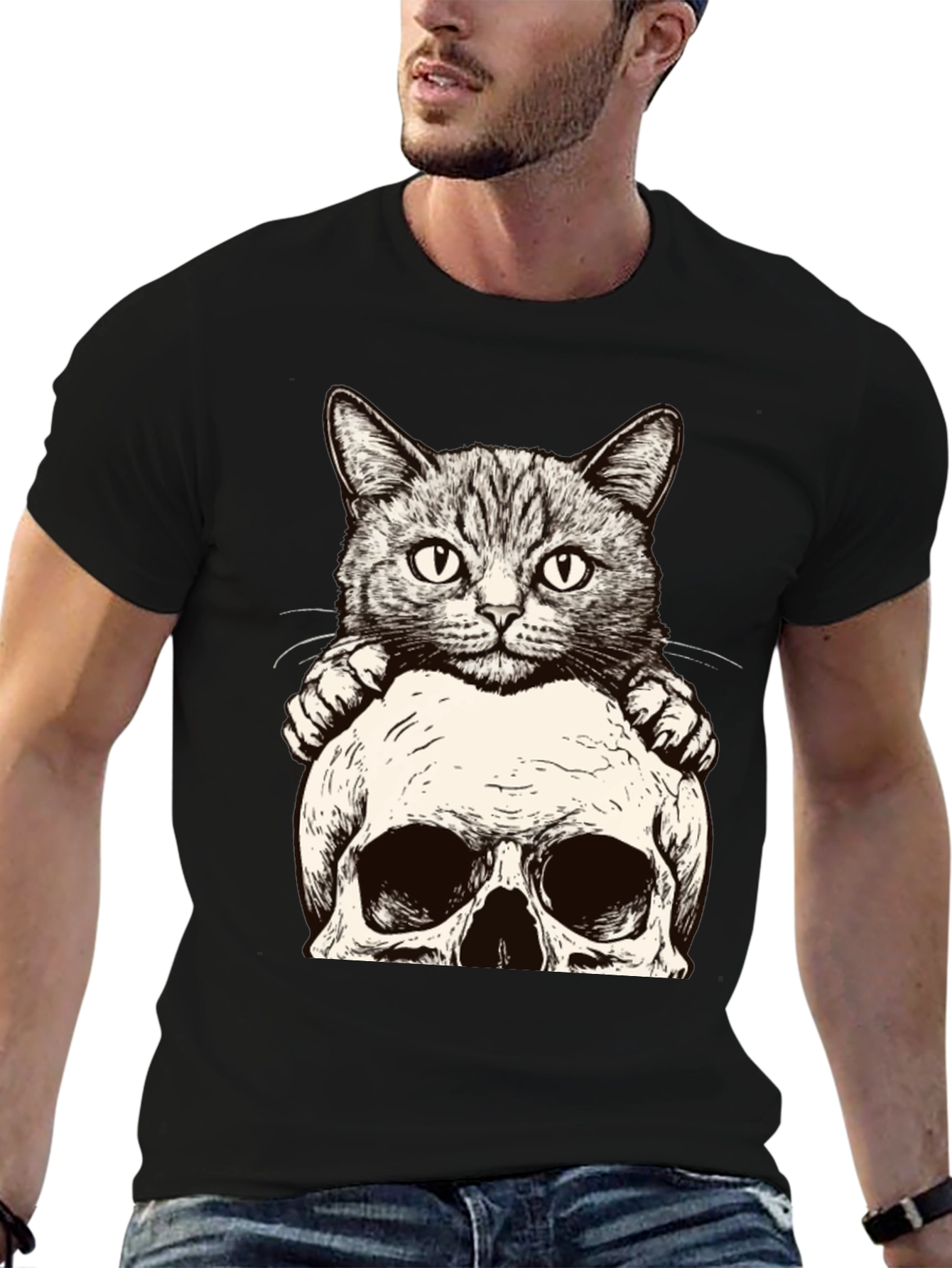 Cat & Skull Graphic Tee - Unique Design