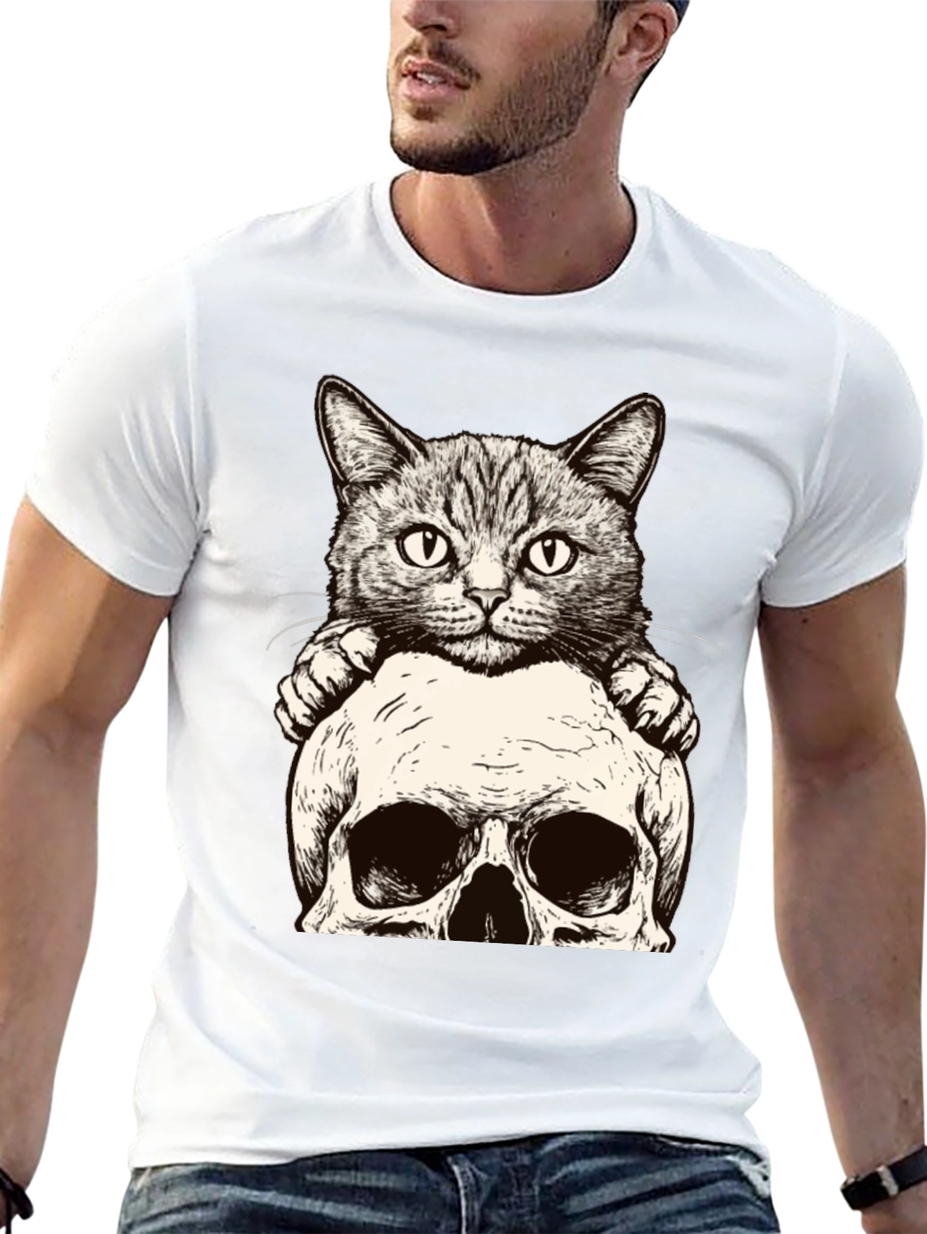 Cat & Skull Graphic Tee - Unique Design