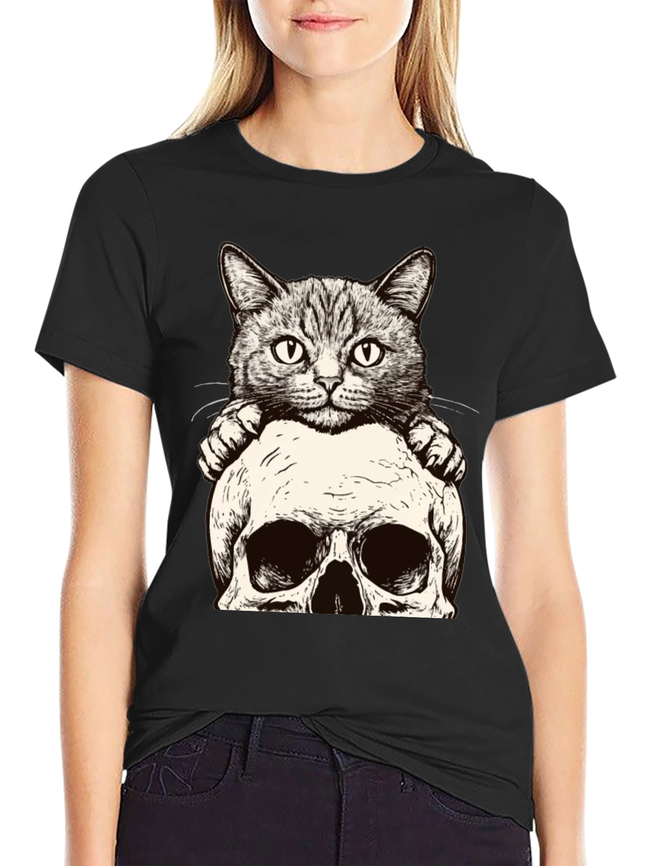 Cat & Skull Graphic Tee - Unique Design