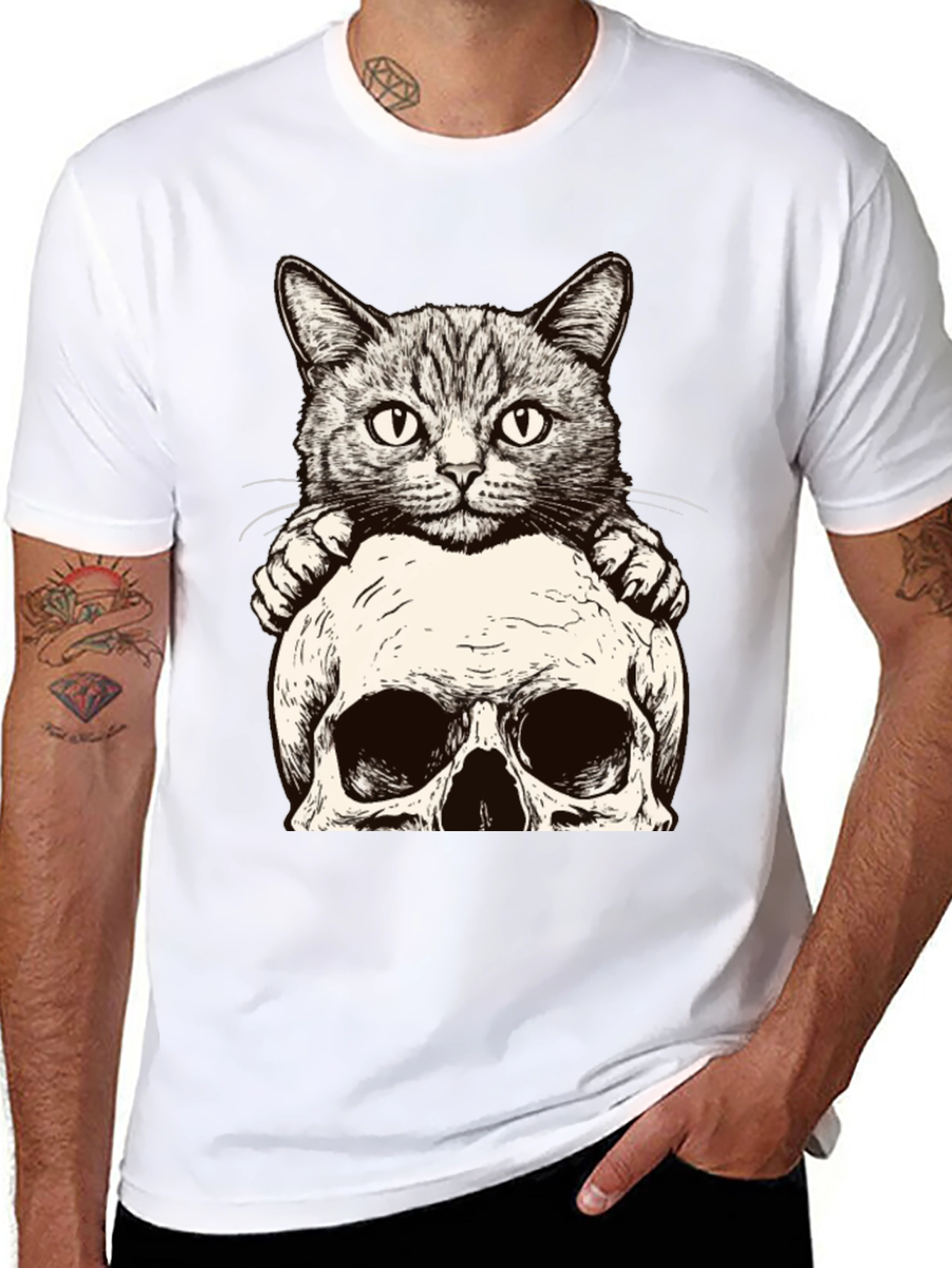 Cat & Skull Graphic Tee - Unique Design