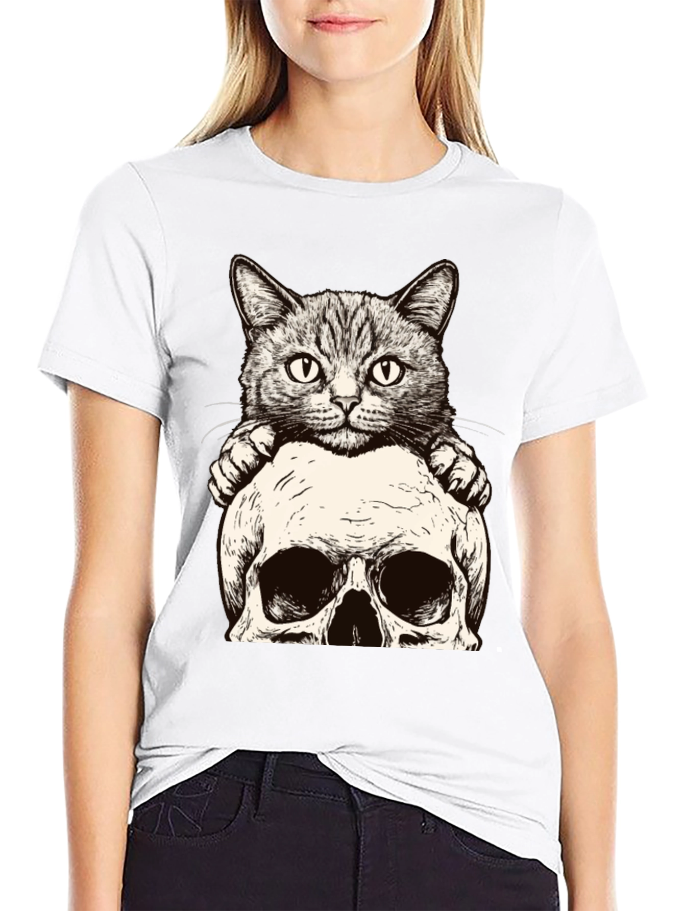 Cat & Skull Graphic Tee - Unique Design