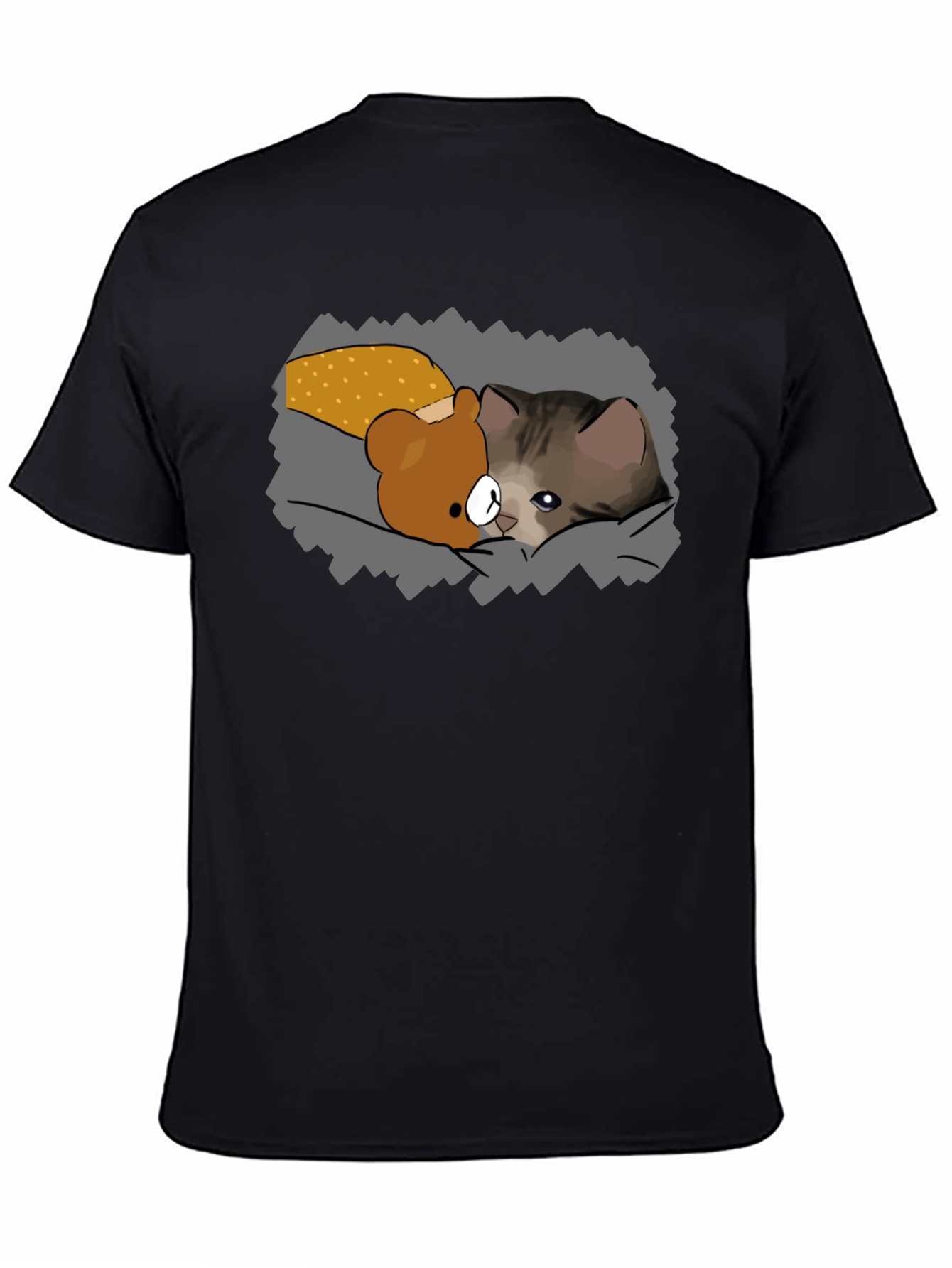 Cute Cartoon Cat & Bear T-Shirt - Black