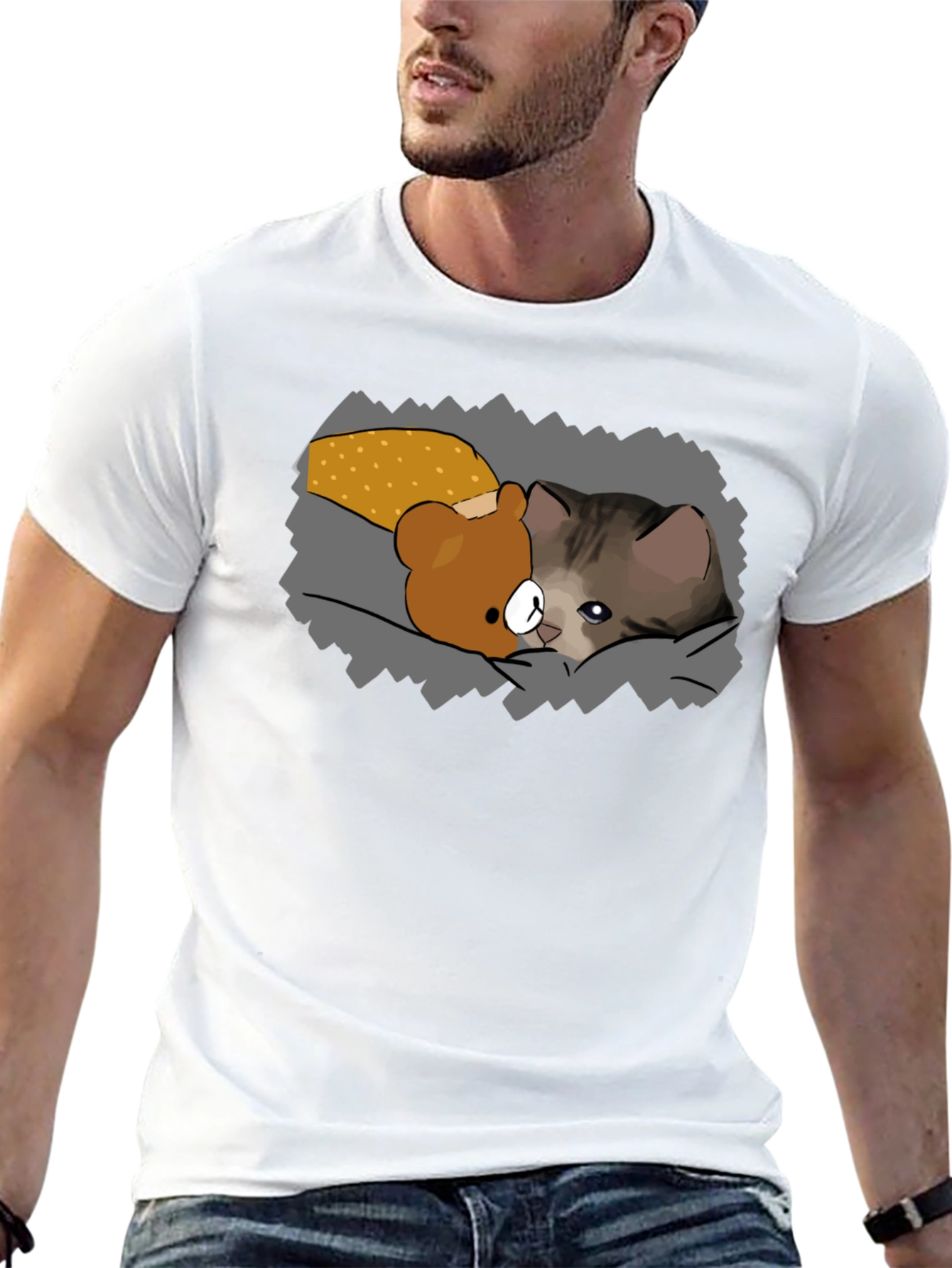 Cute Cartoon Cat & Bear T-Shirt - Black