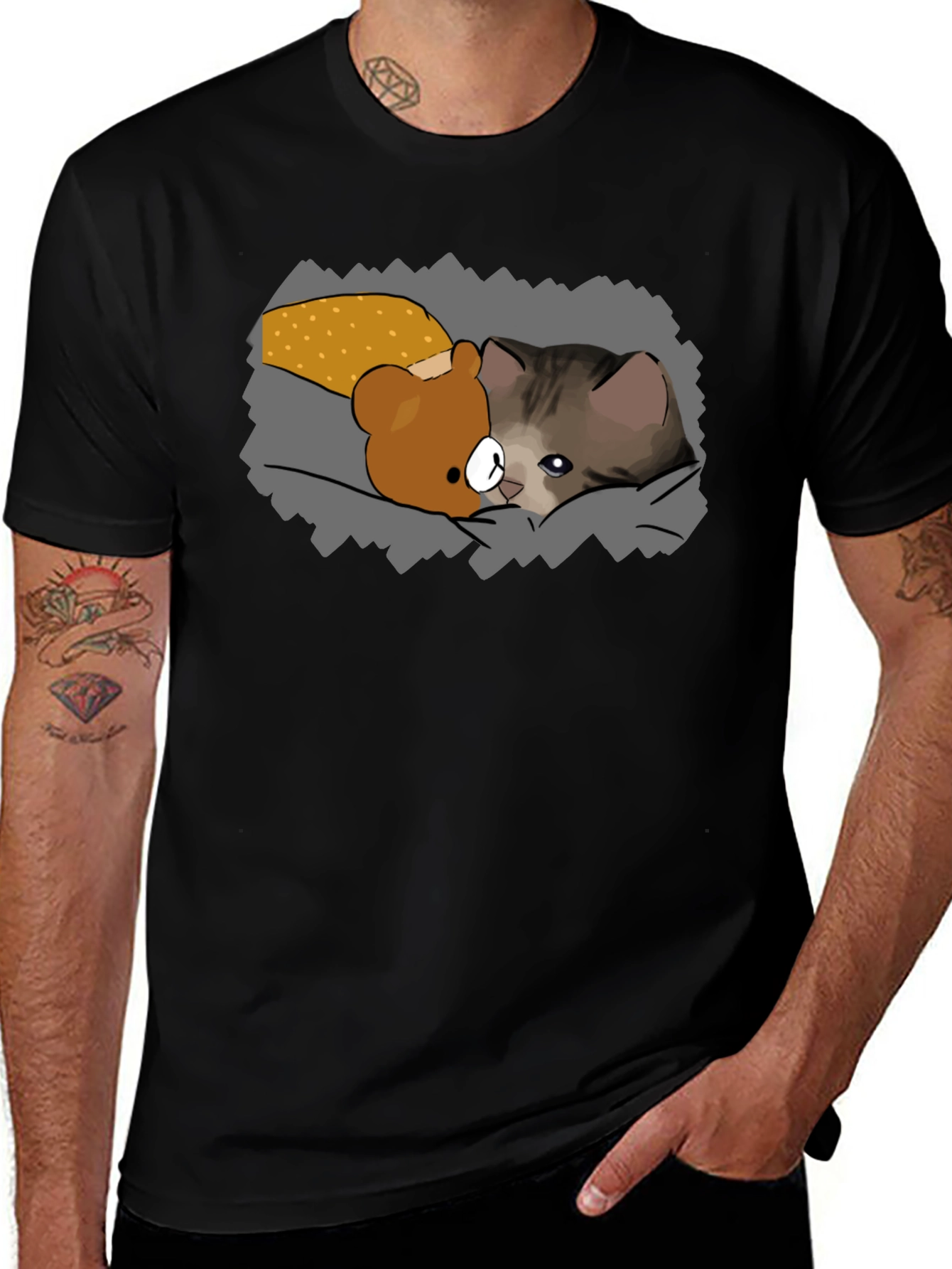 Cute Cartoon Cat & Bear T-Shirt - Black