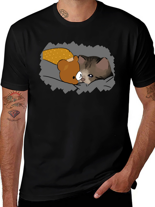 Cute Cartoon Cat & Bear T-Shirt - Black