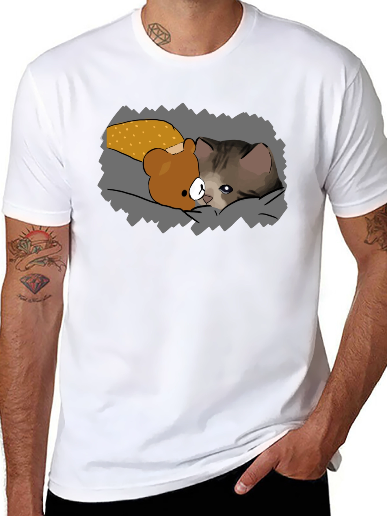 Cute Cartoon Cat & Bear T-Shirt - Black