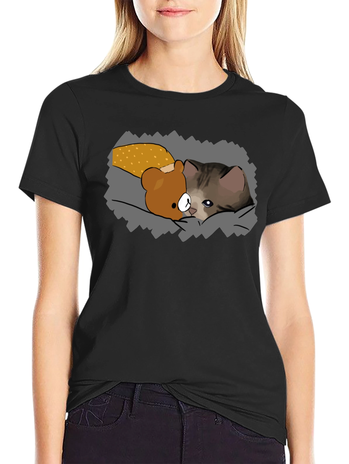 Cute Cartoon Cat & Bear T-Shirt - Black