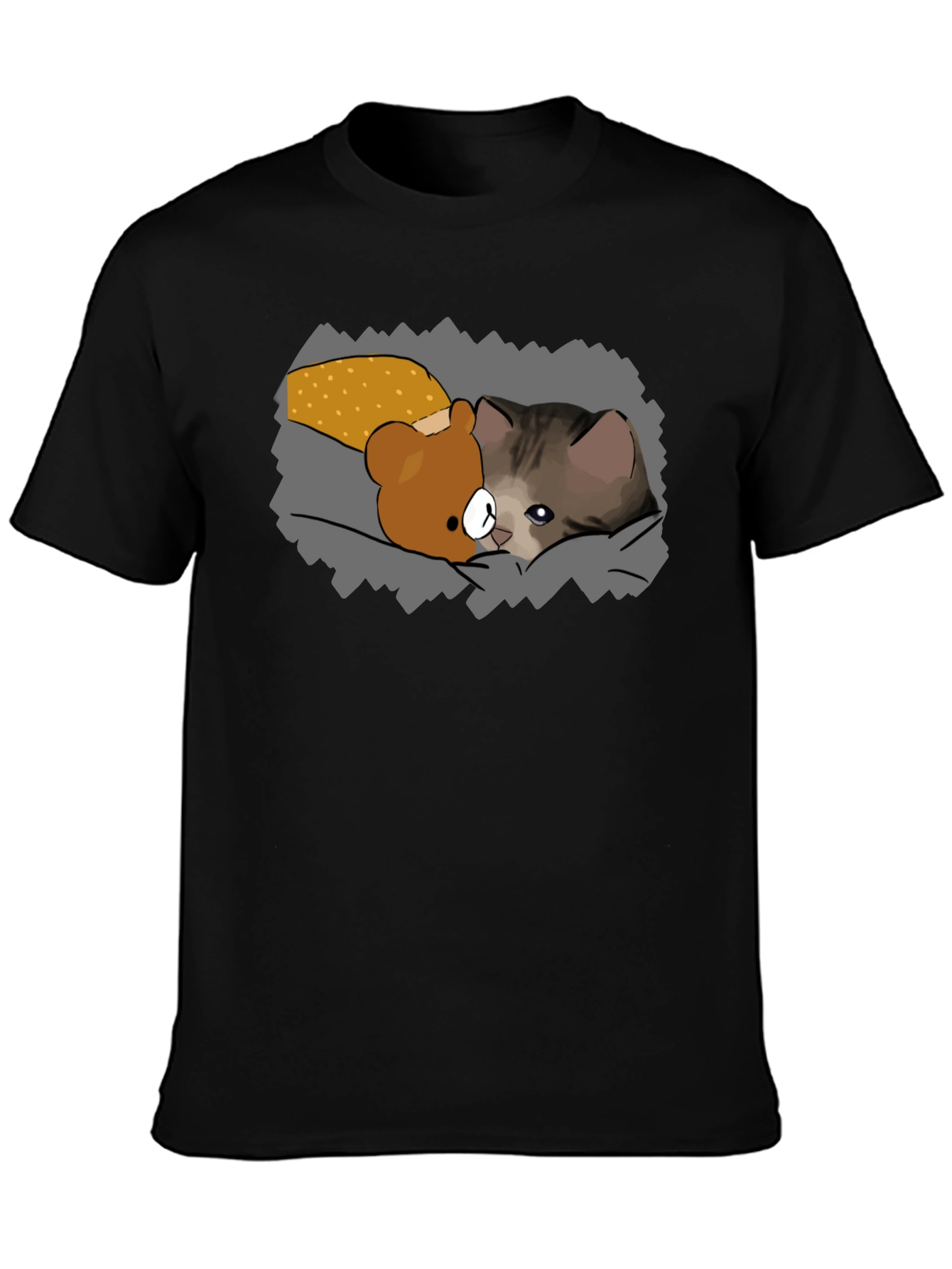 Cute Cartoon Cat & Bear T-Shirt - Black