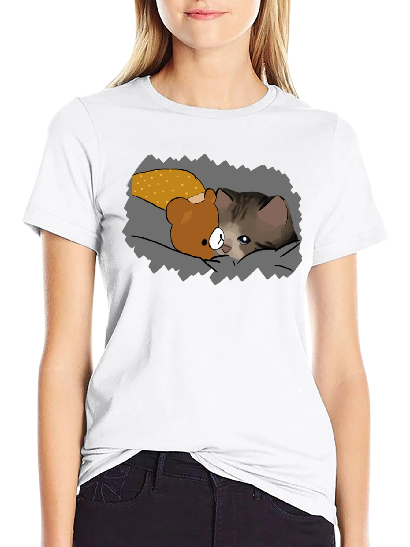 Cute Cartoon Cat & Bear T-Shirt - Black