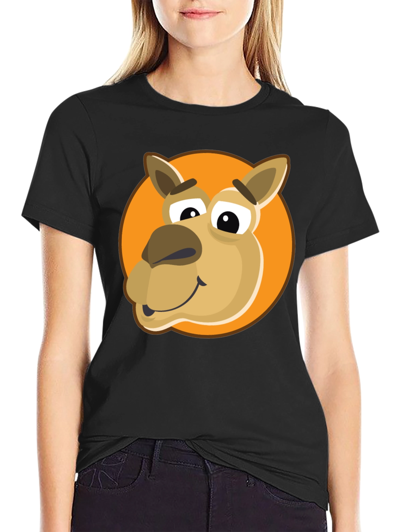 Cartoon Camel Graphic Tee - Black Cotton Blend