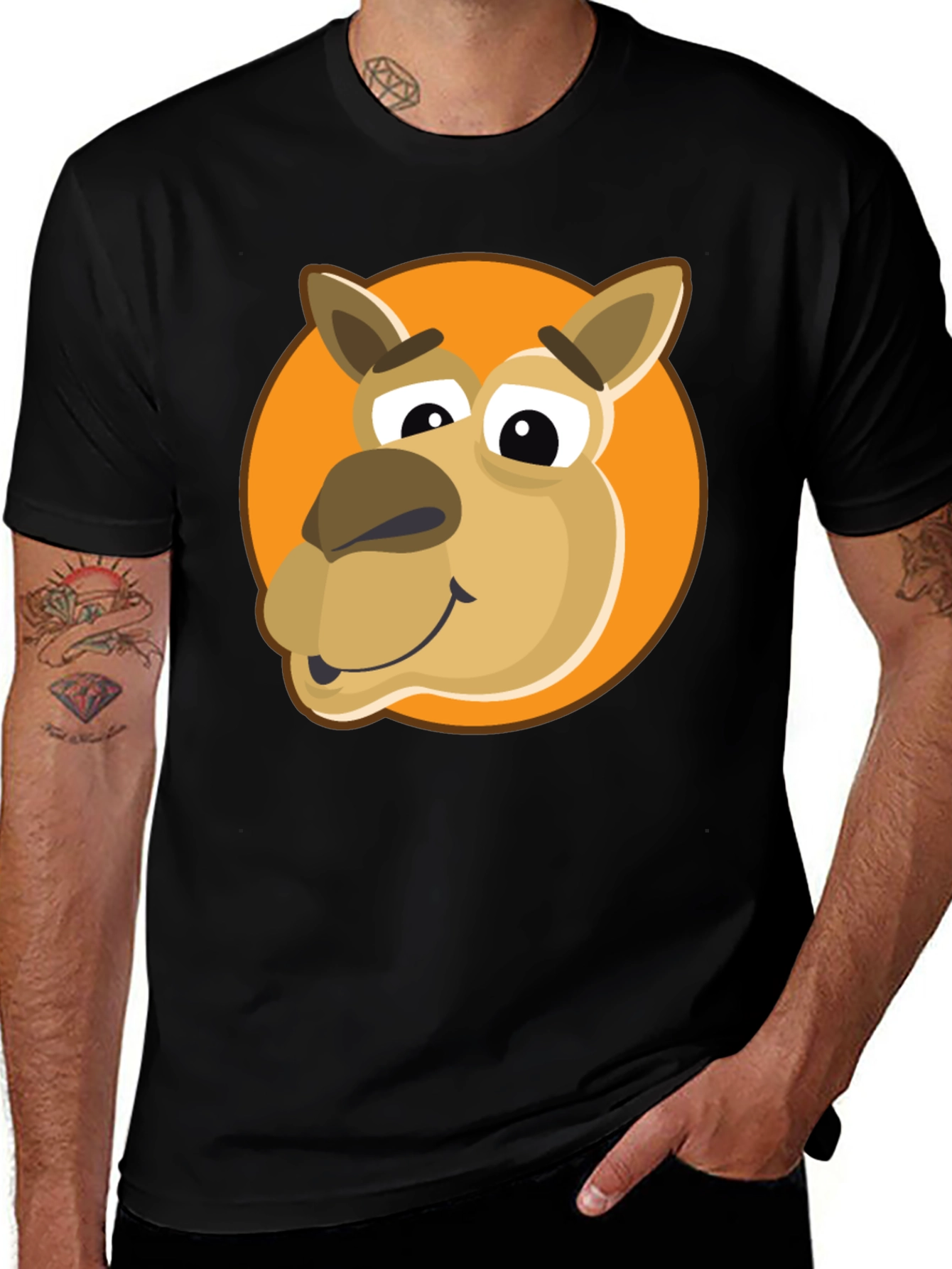 Cartoon Camel Graphic Tee - Black Cotton Blend