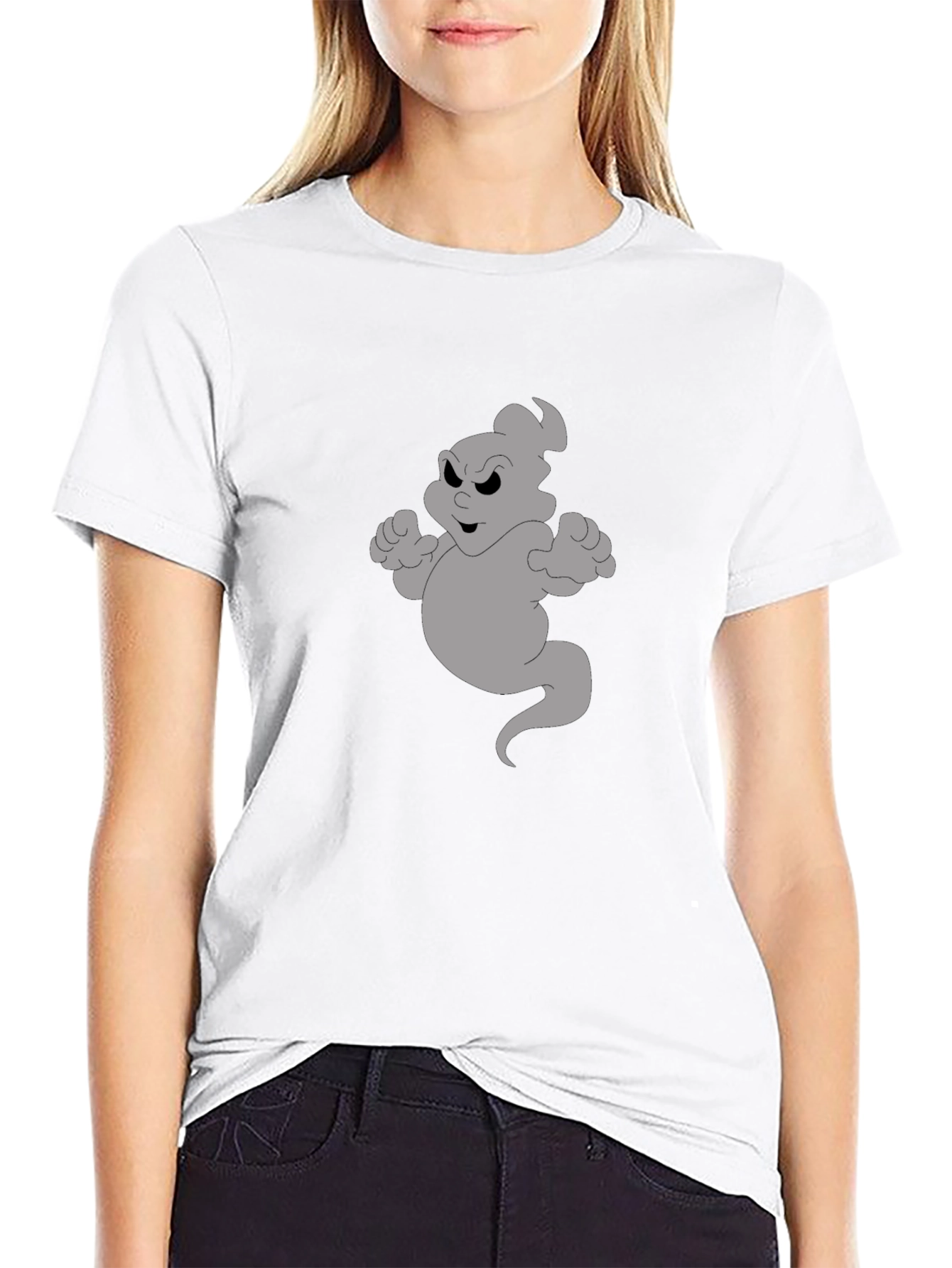 Cartoon Ghost Graphic Tee - Black Cotton Shirt