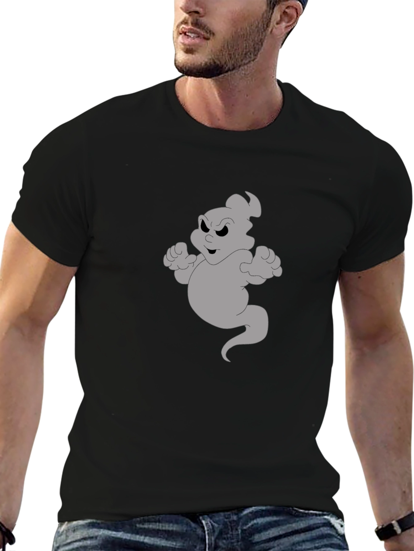 Cartoon Ghost Graphic Tee - Black Cotton Shirt