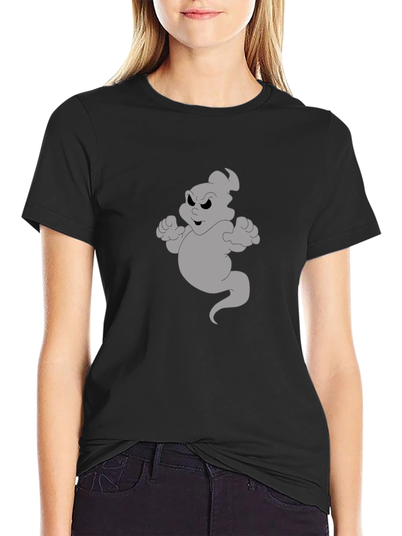Cartoon Ghost Graphic Tee - Black Cotton Shirt