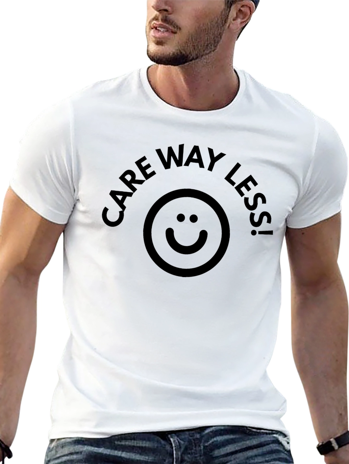 Care Way Less Black T-Shirt with Smiley Face Design