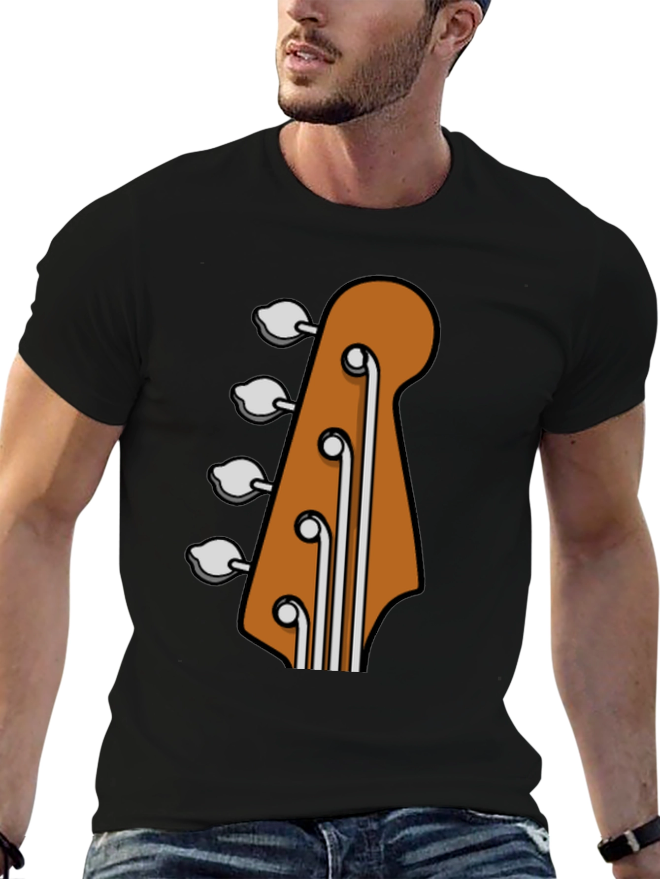 Bass Guitar Headstock Graphic Tee - Black Cotton T-Shirt
