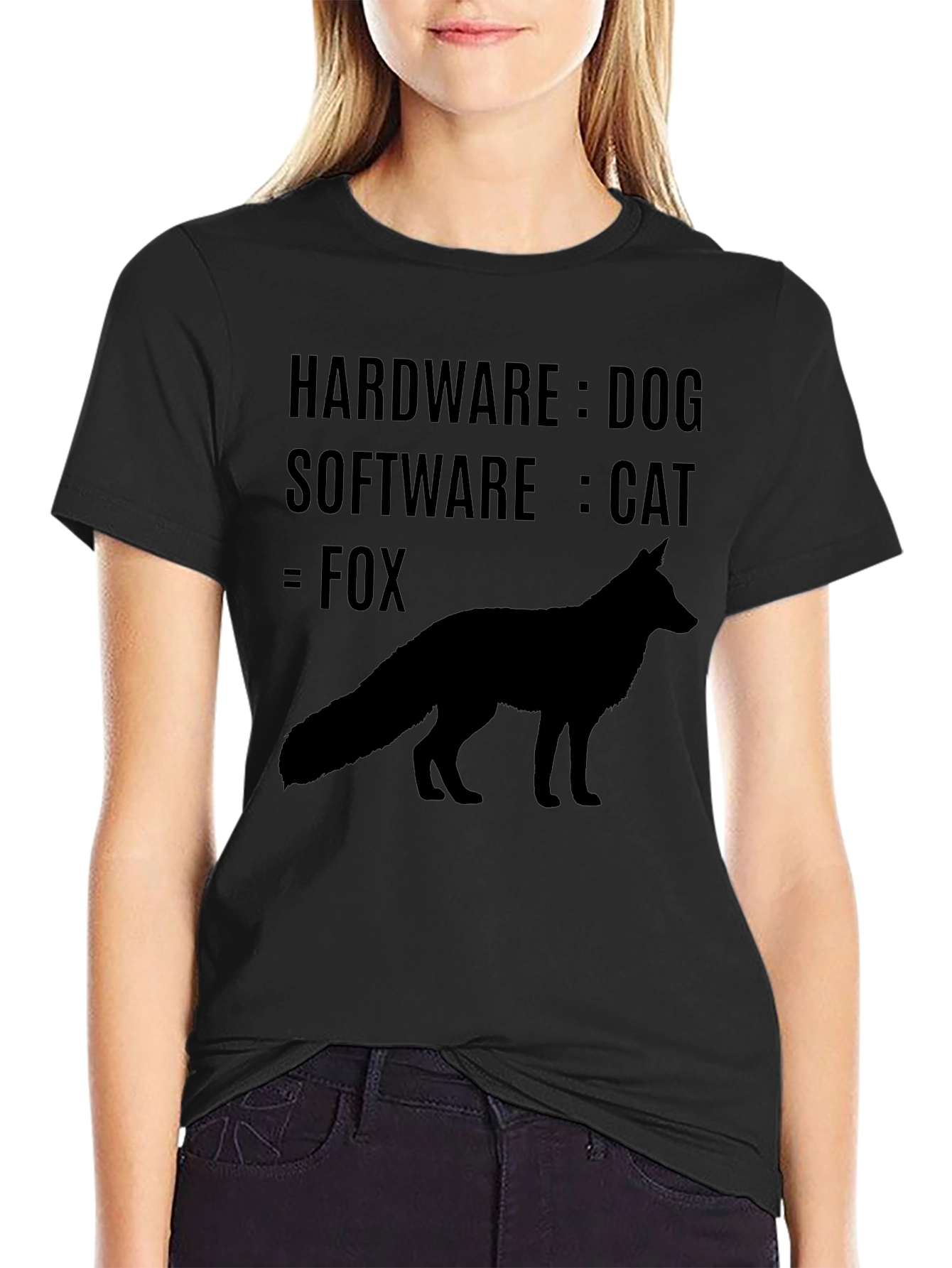 Humorous Programmer T-Shirt: Hardware Dog Software Cat Fox