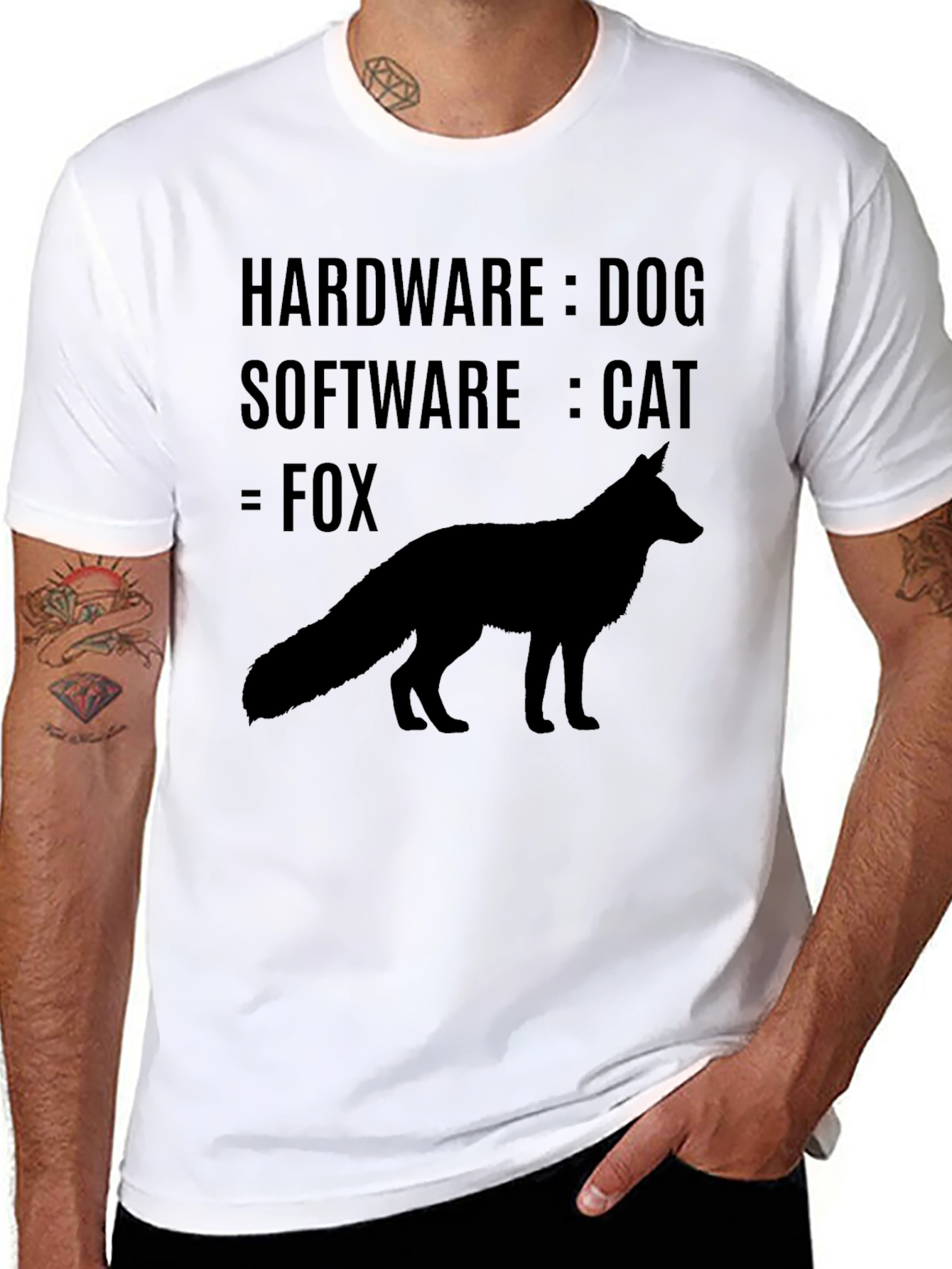 Humorous Programmer T-Shirt: Hardware Dog Software Cat Fox