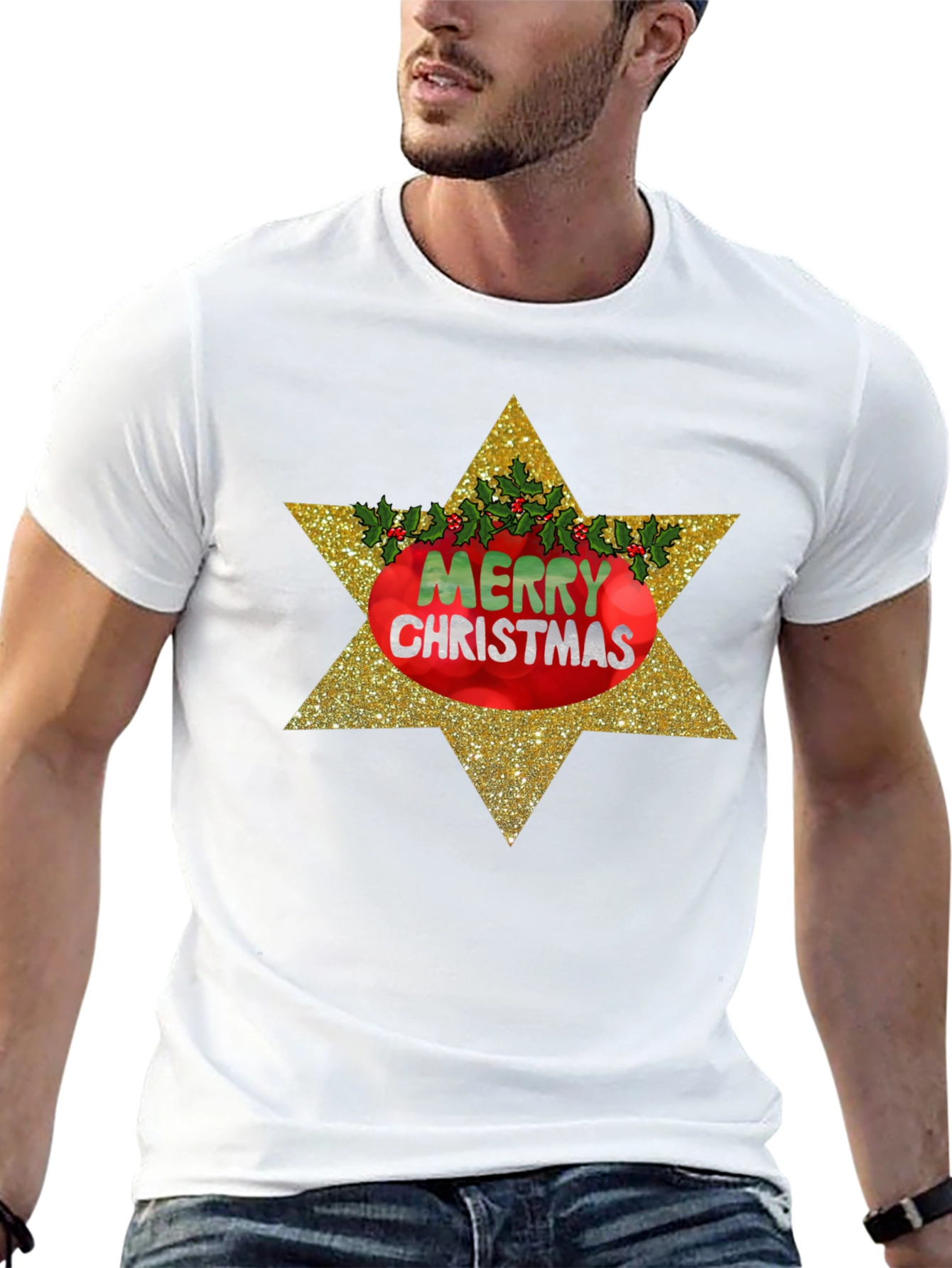 Merry Christmas Star Graphic Tee - Black Holiday Shirt