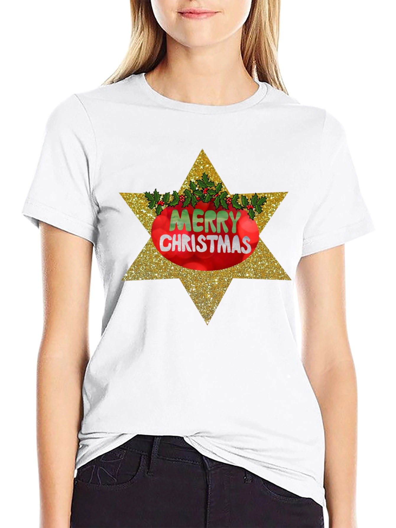 Merry Christmas Star Graphic Tee - Black Holiday Shirt