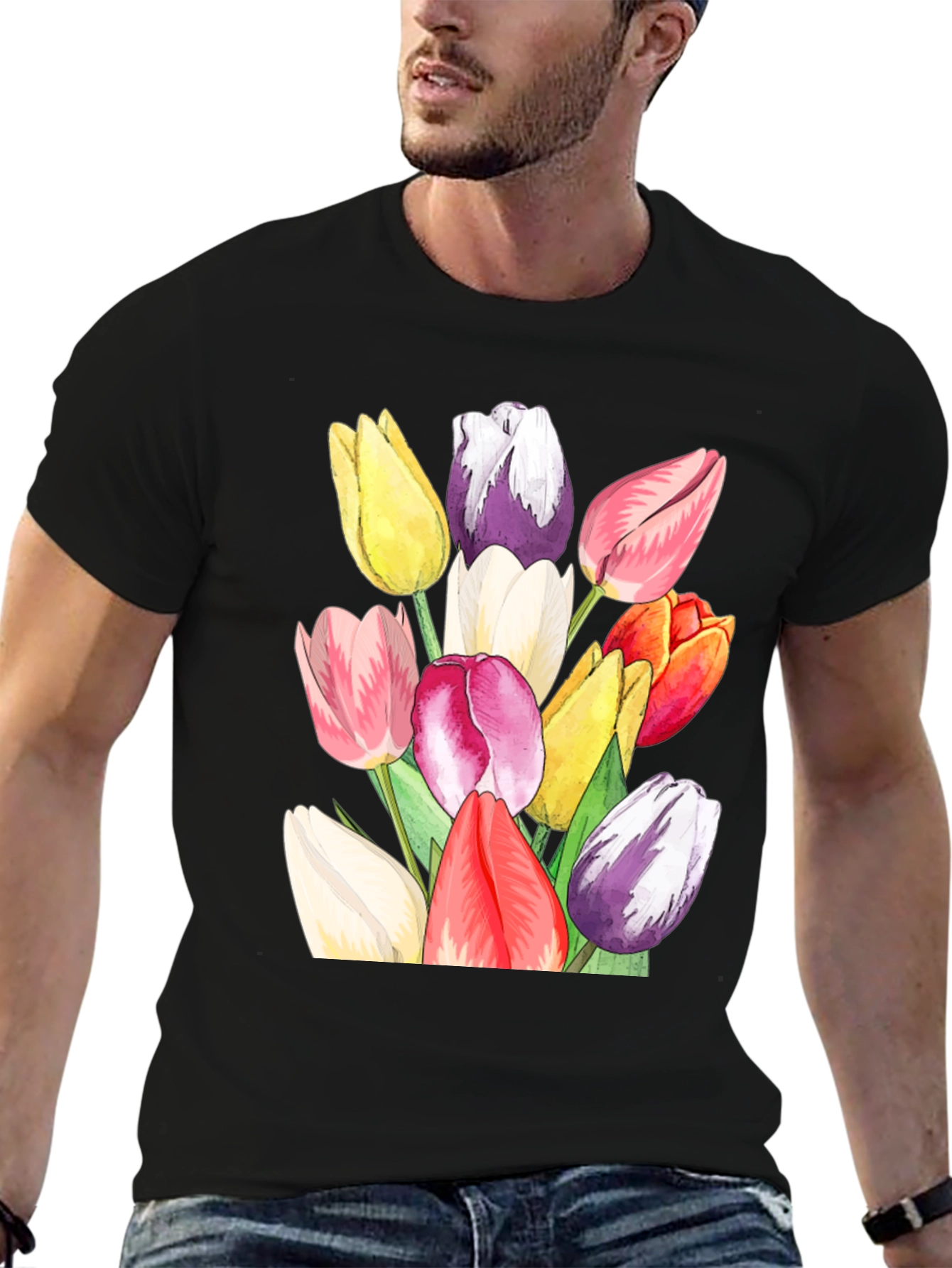 Tulip Bouquet Graphic Tee - Stylish Black T-Shirt