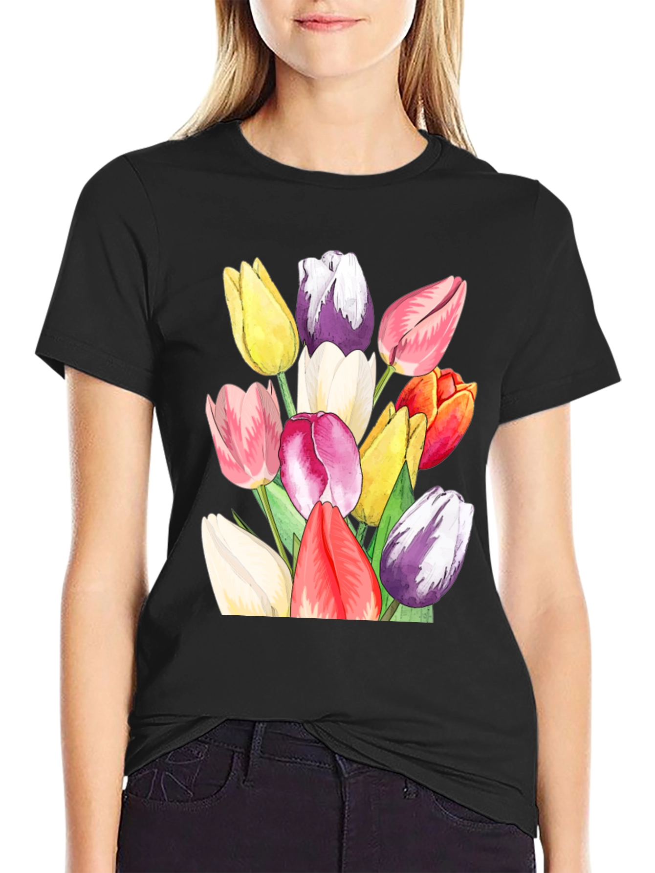 Tulip Bouquet Graphic Tee - Stylish Black T-Shirt